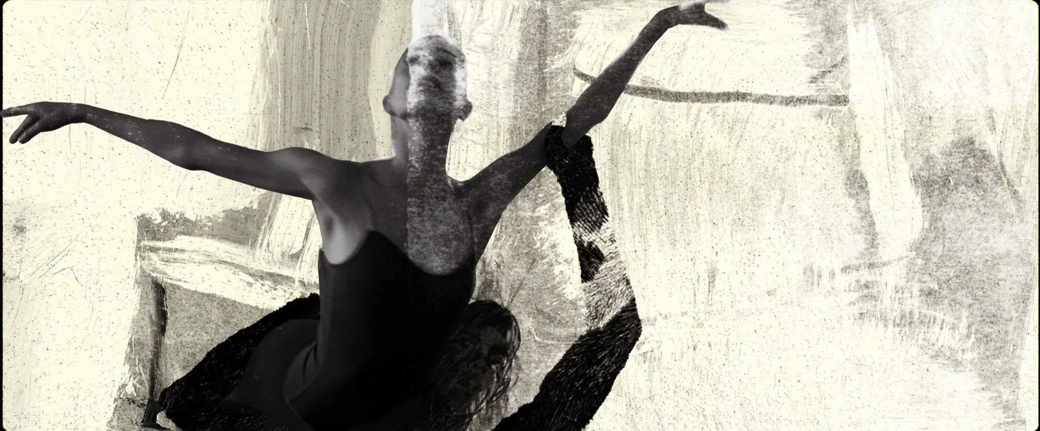 A ballerina is lifted by a dark, textured male figure — The Shimmering Asphalt, New York City Ballet.