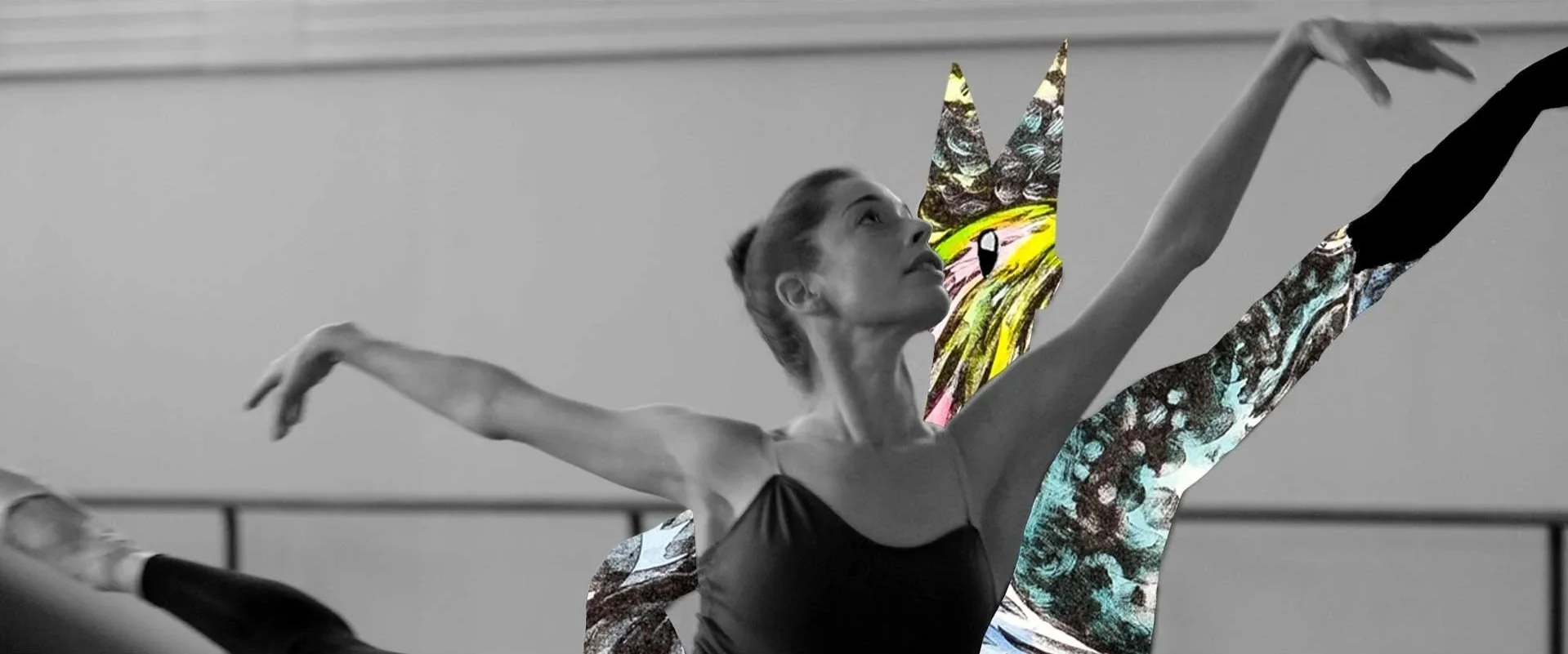 A ballerina reaches upward beside an abstract male dancer cut from bright, painted paper — The Shimmering Asphalt, New York City Ballet.