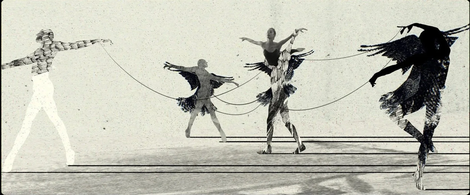 A ballerina is carried through a paper room by birdlike figures with feathered wings — The Shimmering Asphalt, New York City Ballet.