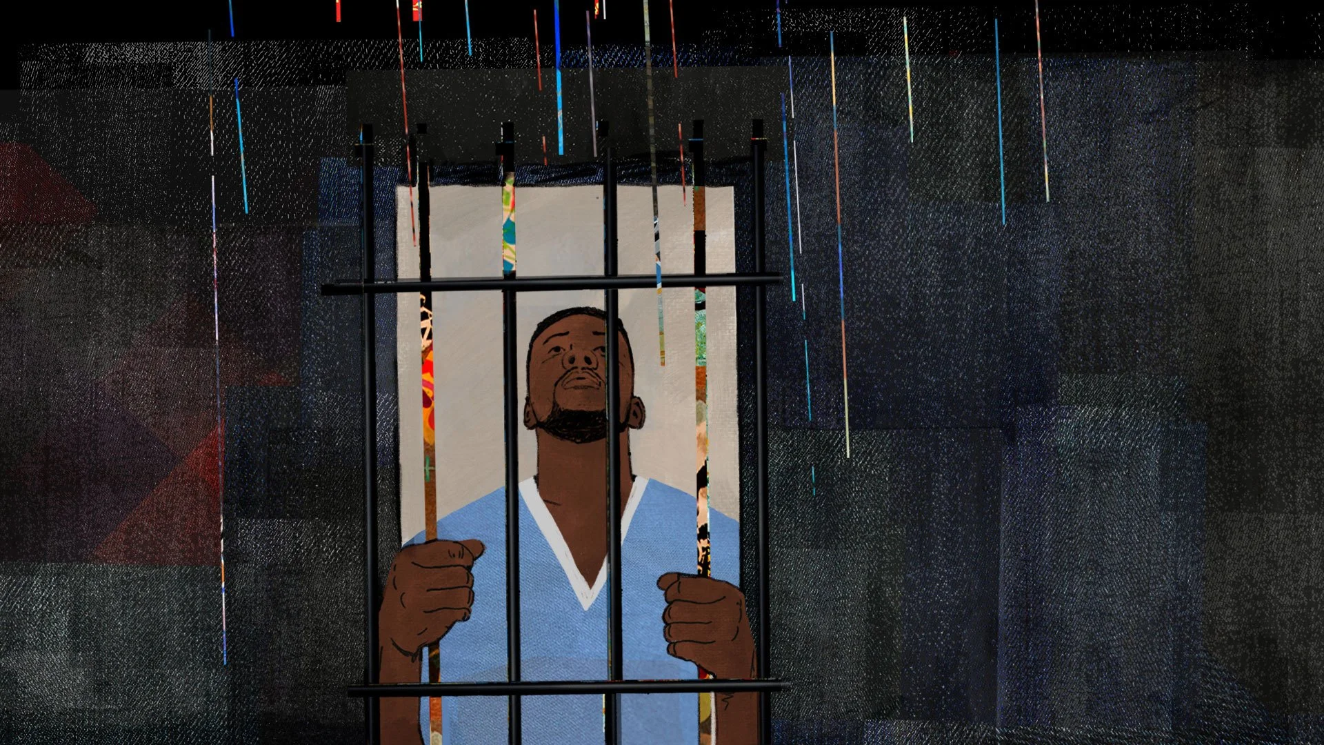 Antwan grips the bars of his prison cell as rainbow strips of fabric fall like rain — Worn Stories, Netflix.