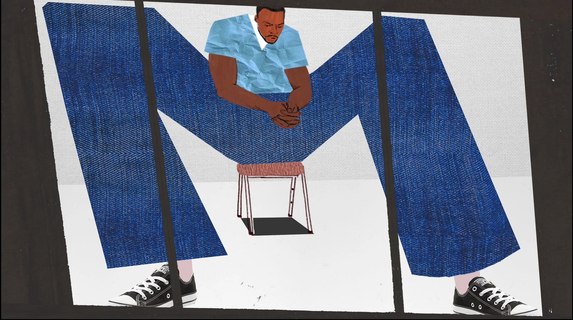 An early concept of Antwan in prison, sitting within the enormous legs of his jeans — Worn Stories, Netflix.