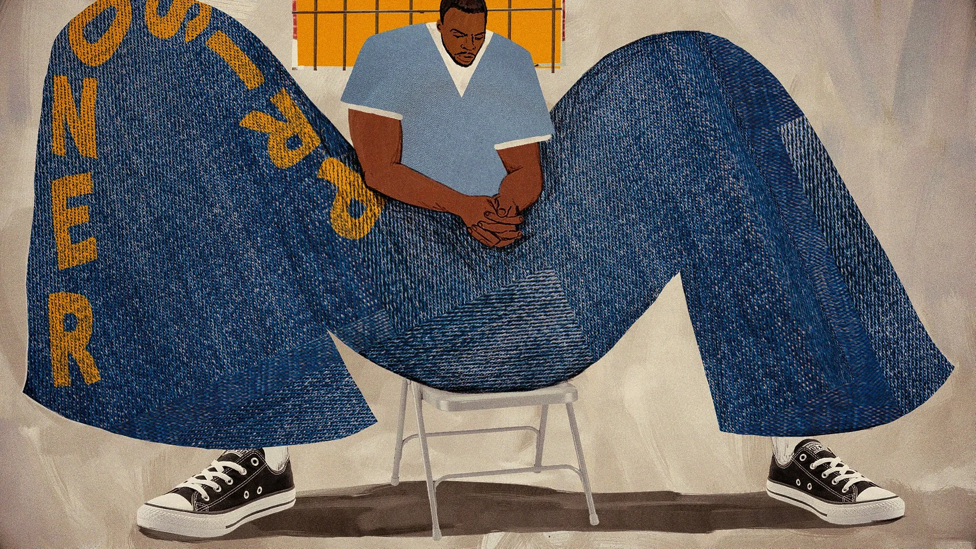 In a collage of fabric and hand-drawn details, Antwan Williams sits on a prison chair inside a giant pair of ill-fitting jeans, their oversized legs showing how much of a problem his pants are for him — Worn Stories, Netflix.