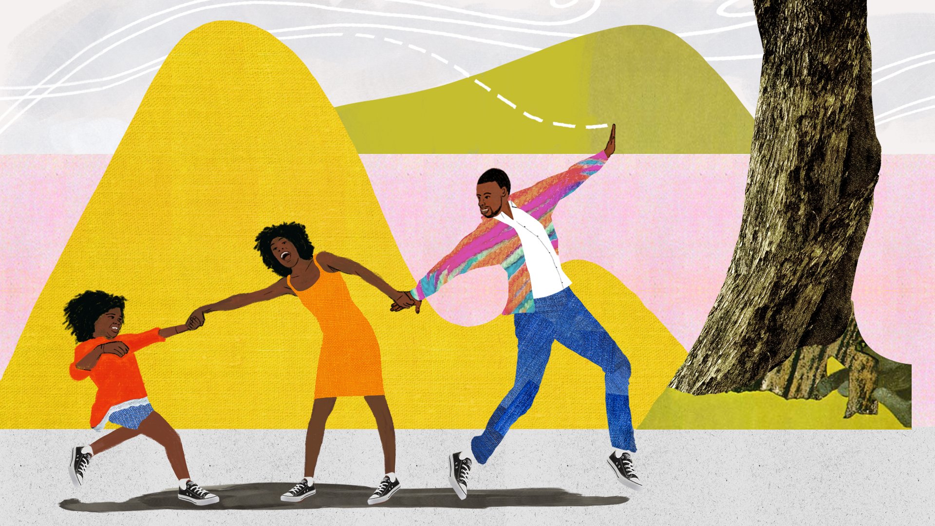 Antwan dances with his family across a bright yellow landscape, pulled along hand in hand — Worn Stories, Netflix.