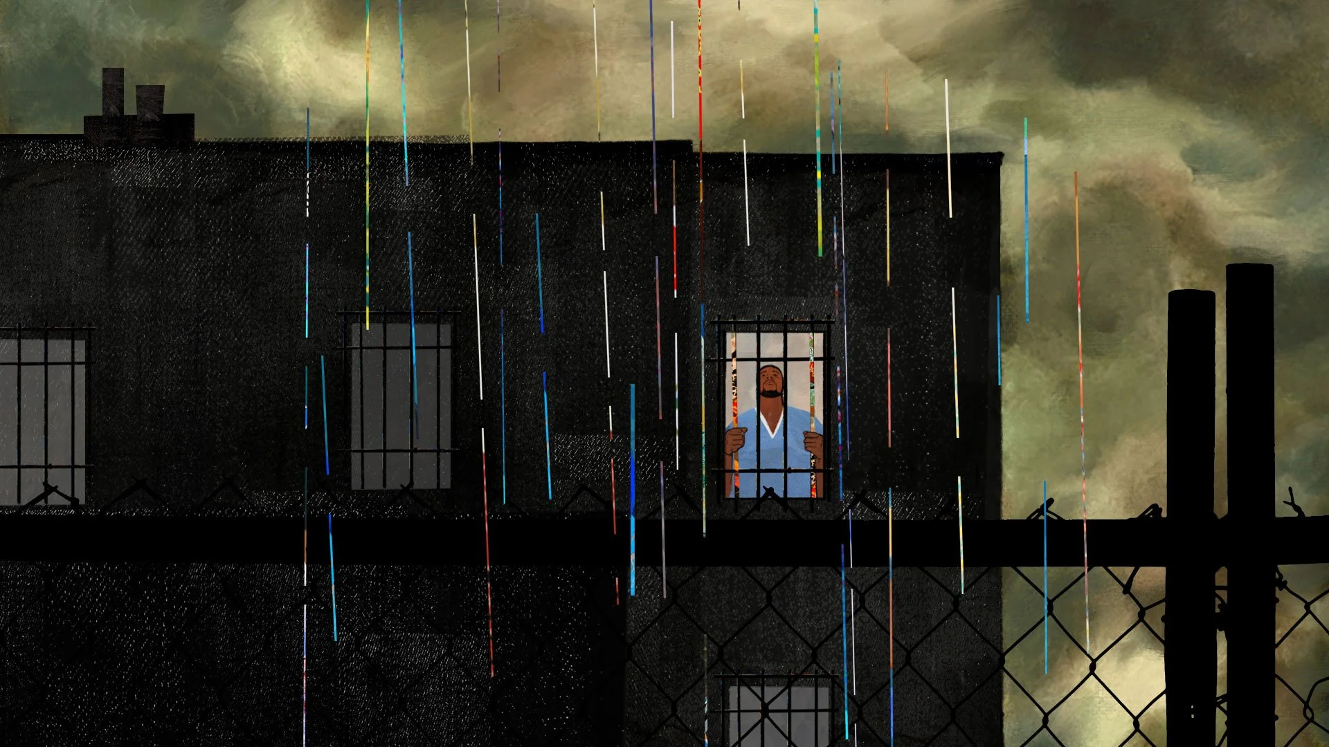 A wider view of the dark prison as Antwan looks up from his window at the falling fabric rain — Worn Stories, Netflix.