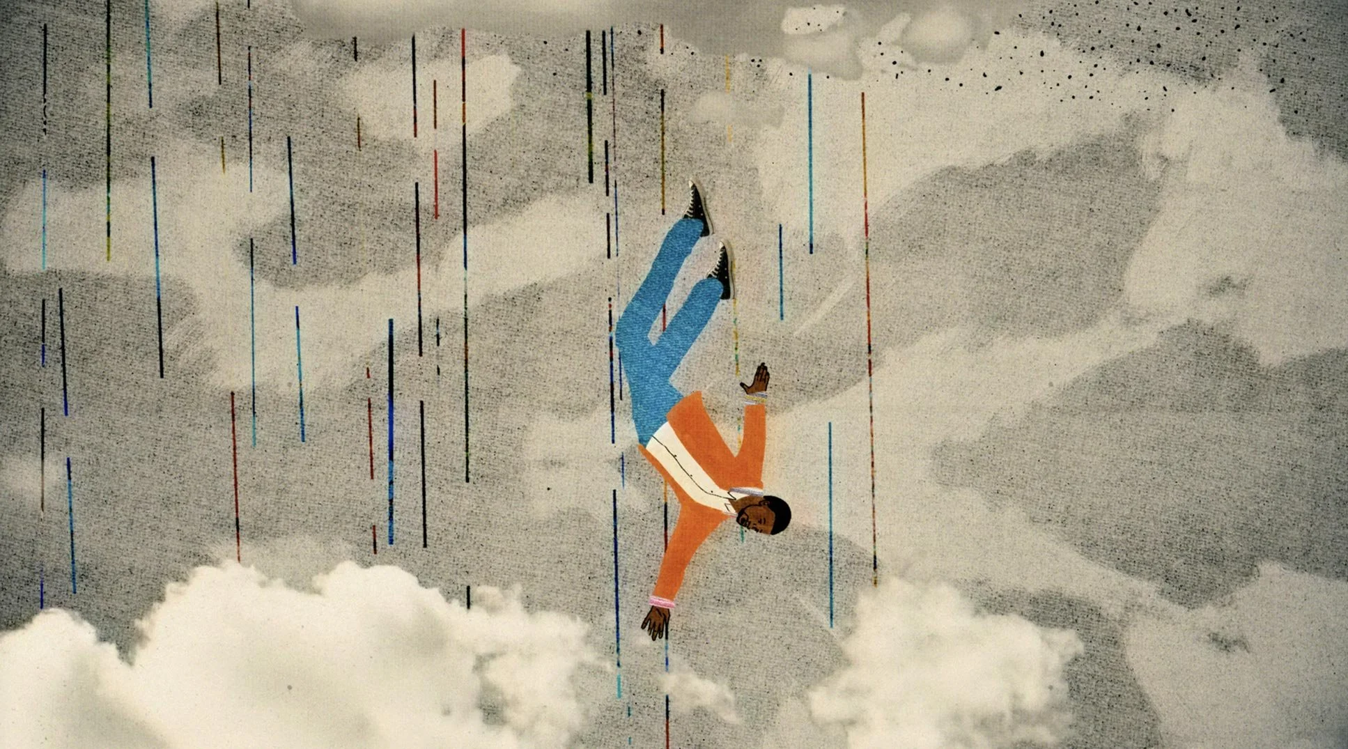 Antwan falls headfirst through a gray sky streaked with falling threads — Worn Stories, Netflix.