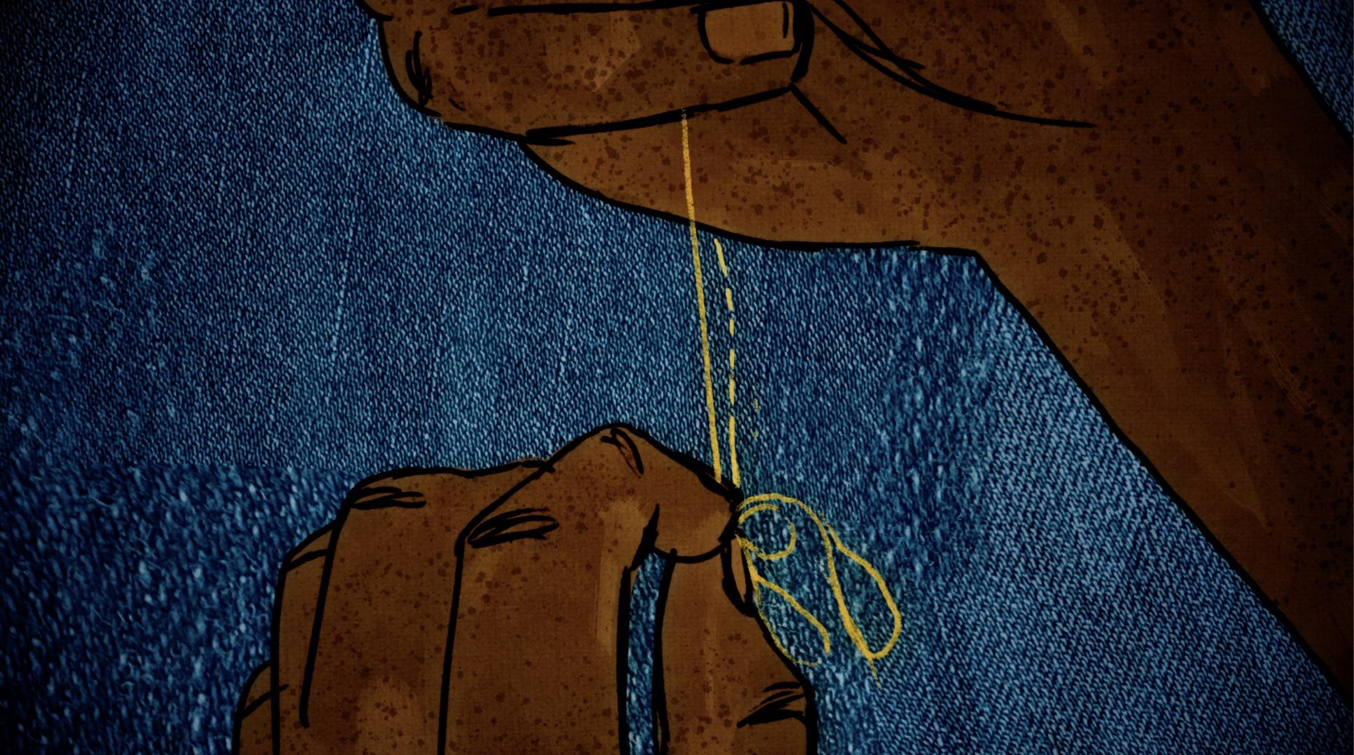Antwan's hands stitch yellow thread into blue denim — Worn Stories, Netflix.