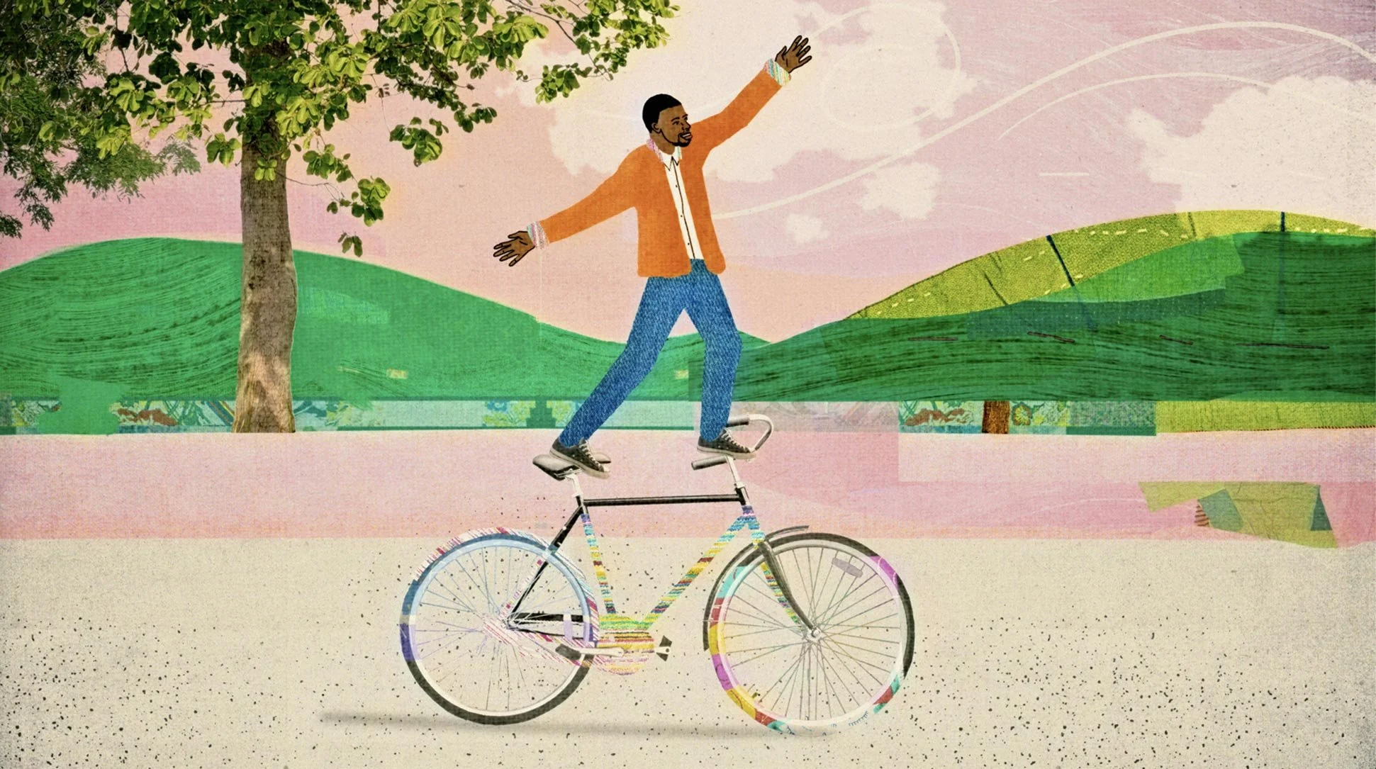 Antwan, in his new pants, rides a bike standing on the handlebars through a landscape made of clothes — Worn Stories, Netflix.