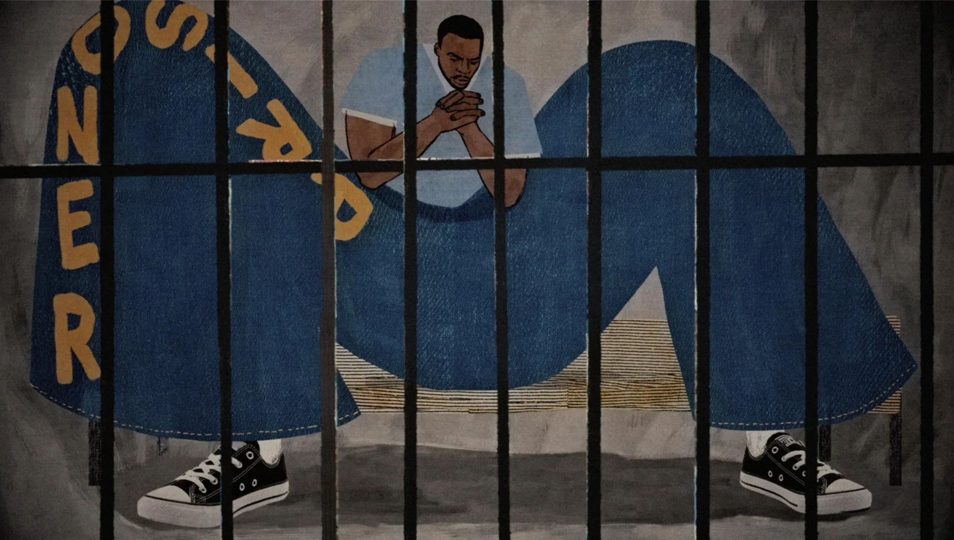 Behind prison bars, Antwan sits within the enormous legs of his too-big jeans — Worn Stories, Netflix.