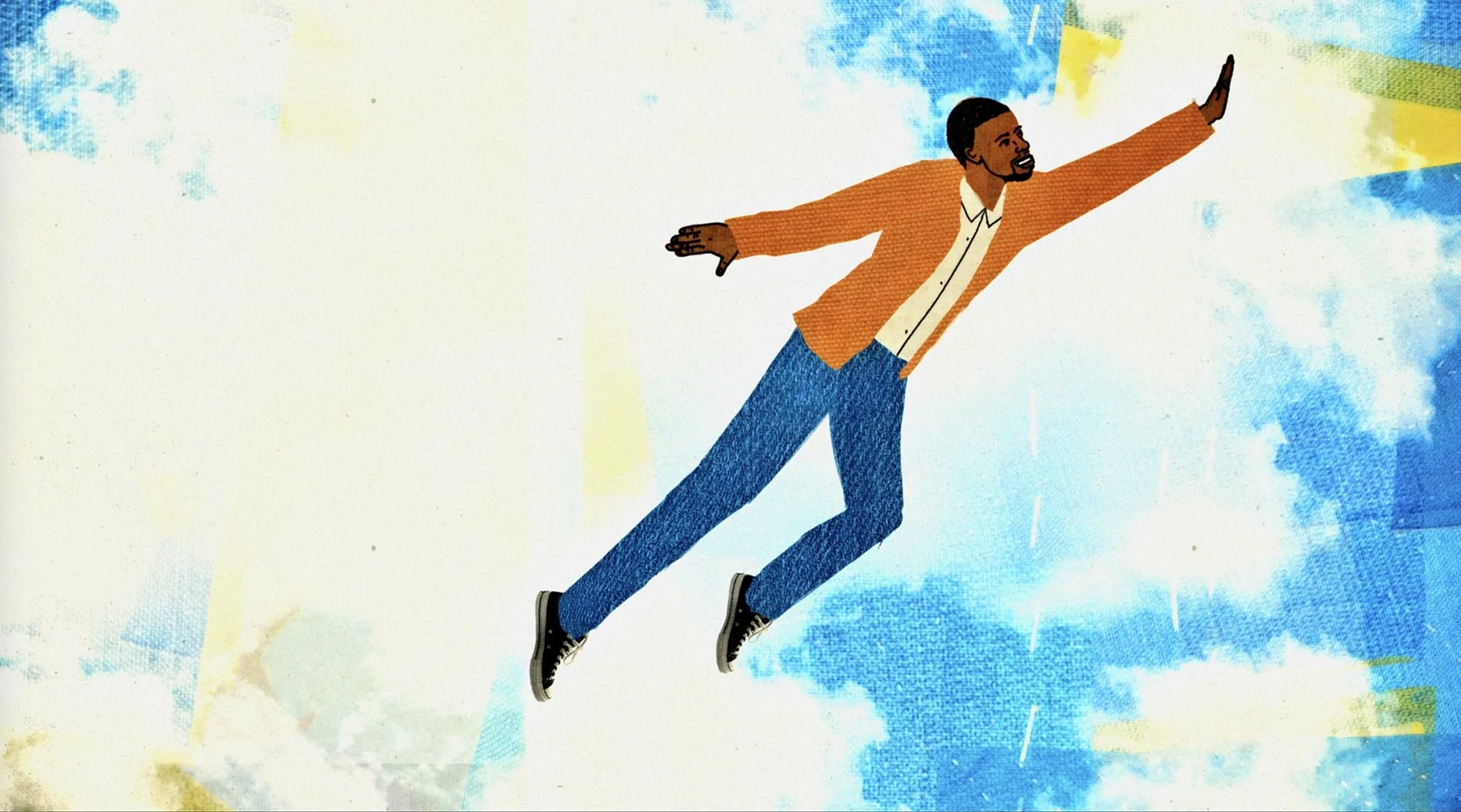 Antwan flies through a bright blue sky in his new pants — Worn Stories, Netflix.
