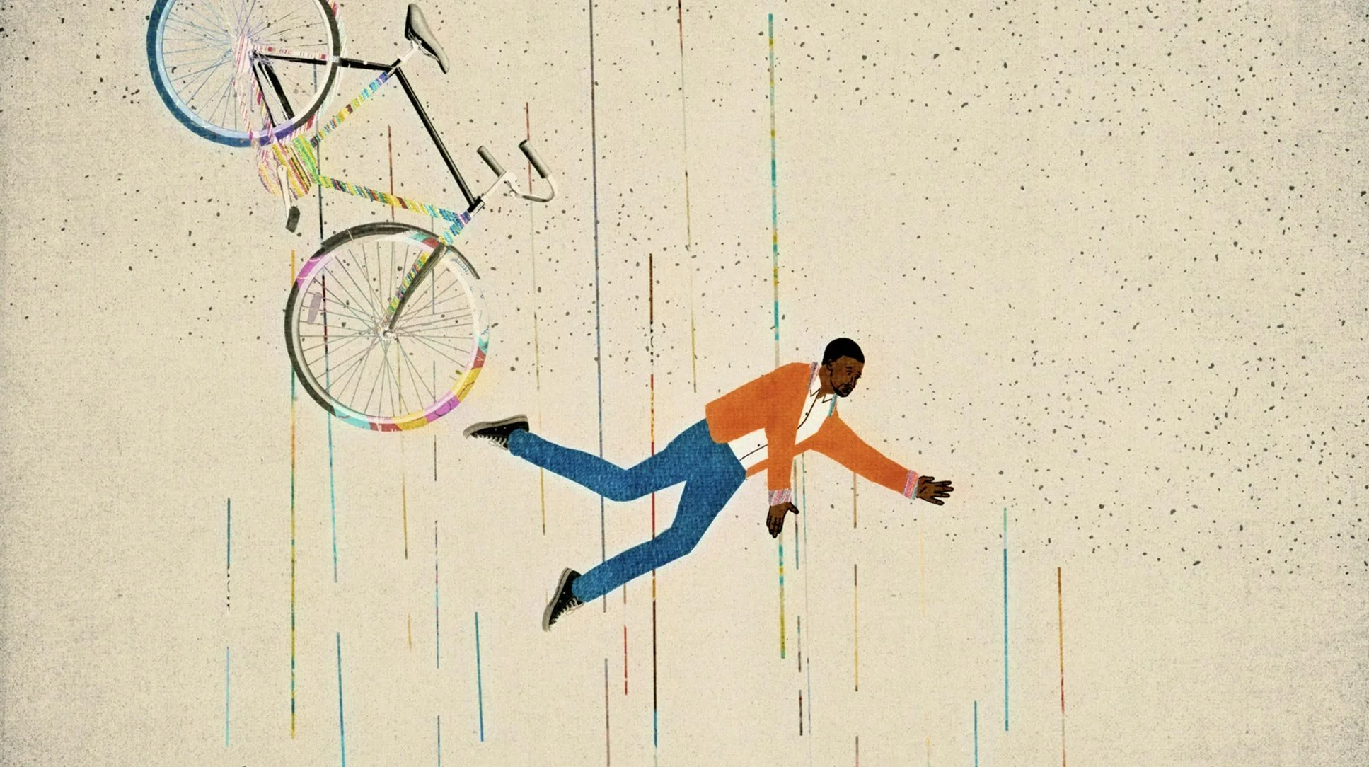 Antwan tumbles from his bike as colored threads fall around him — Worn Stories, Netflix.