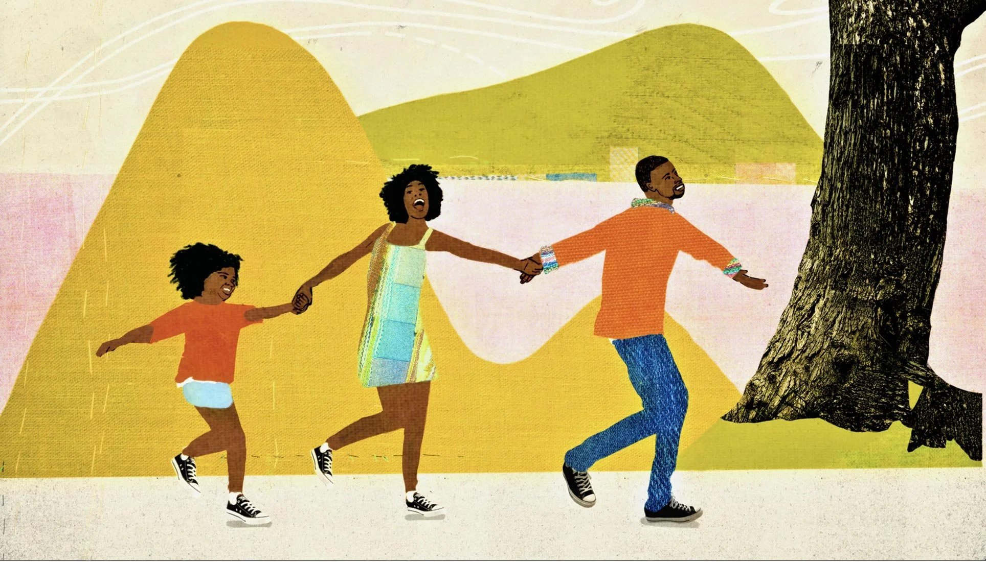 Antwan dances hand in hand with his family across a yellow landscape — Worn Stories, Netflix.