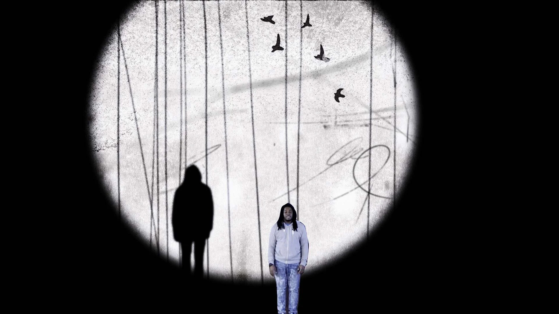 In a circle of light, Darius stands opposite a shadowy hooded figure as birds fly overhead — The Power of Proximity, Skoll World Forum.
