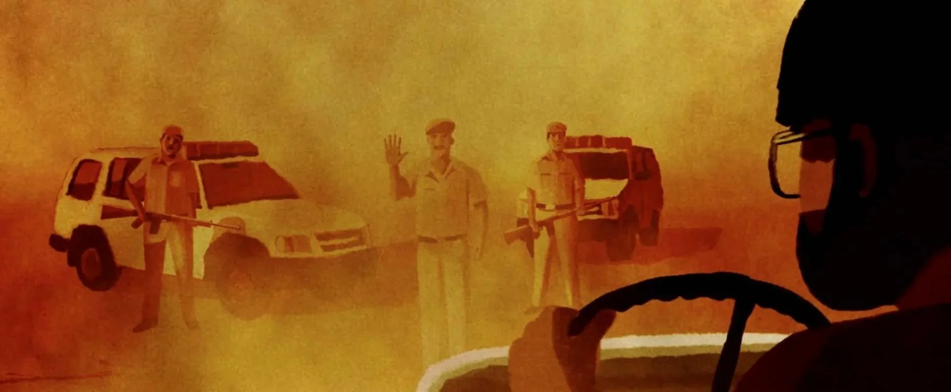 Police officers stop the truck in a haze of dust, hands raised — The Price of Free.