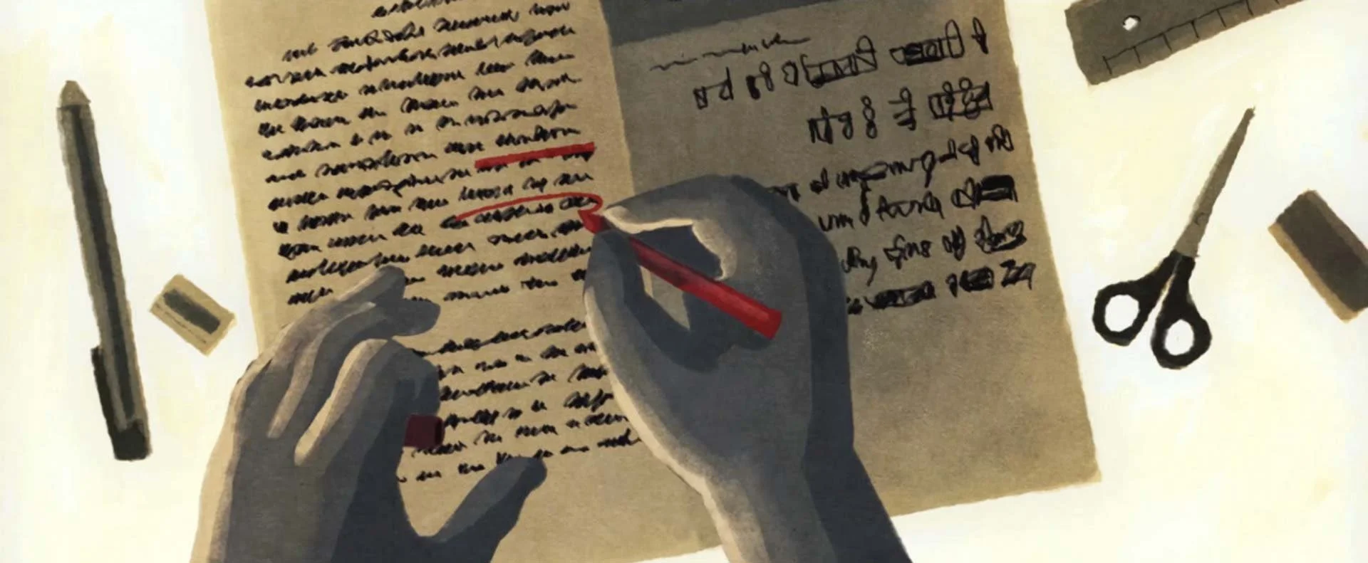 Kailash's hand circles a line in a handwritten document in red — The Price of Free.