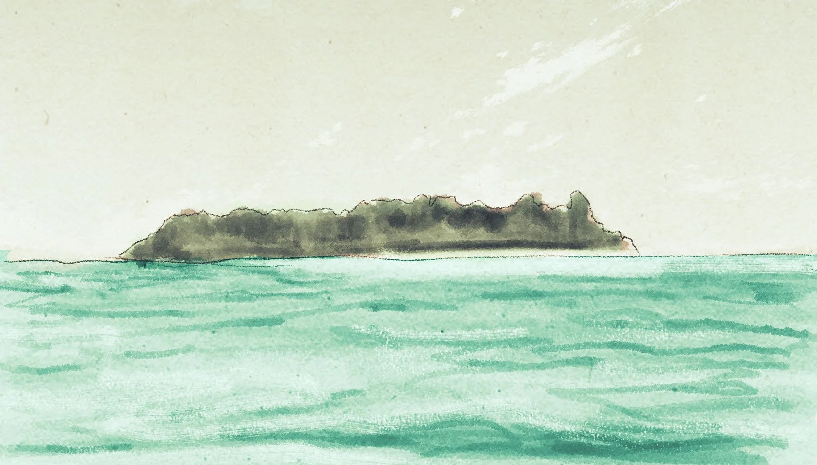 North Sentinel Island sits low and dark on the horizon across a green sea — The Mission, National Geographic.