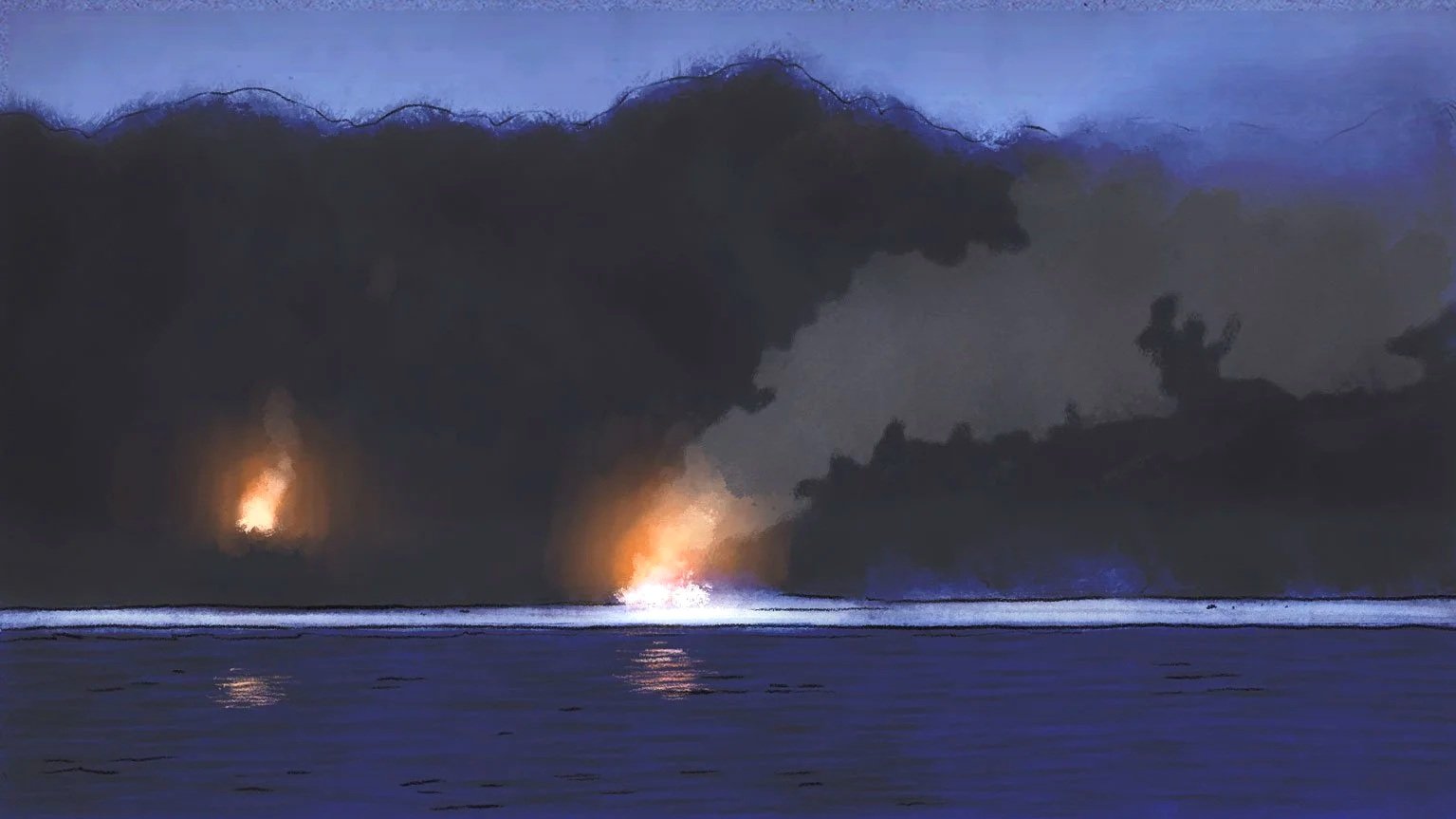 A fire glows on the shore of a dark island at night — The Mission, National Geographic.
