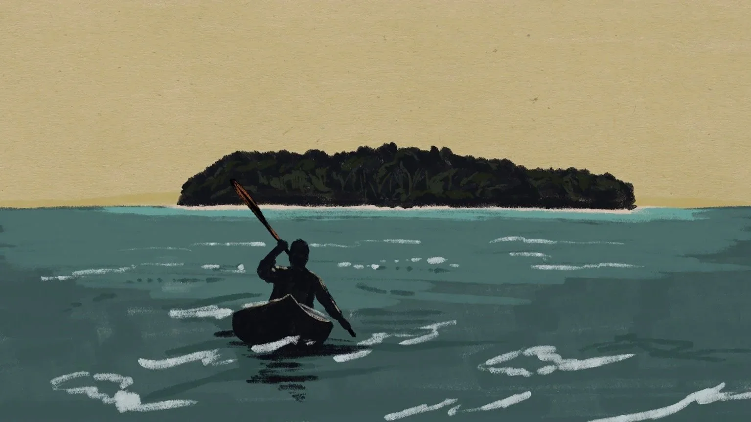 John Chau paddles his kayak toward the dark mass of North Sentinel Island — The Mission, National Geographic.