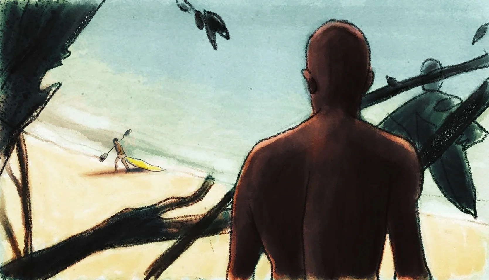 From behind an islander's shoulder, a lone kayaker comes ashore on the beach — The Mission, National Geographic.