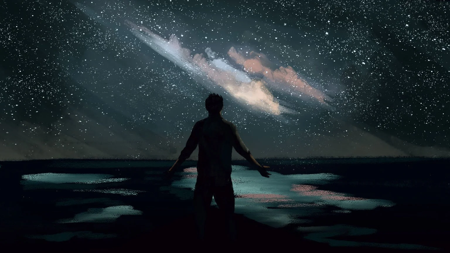 John Chau stands in shallow water beneath the Milky Way, arms open — The Mission, National Geographic.