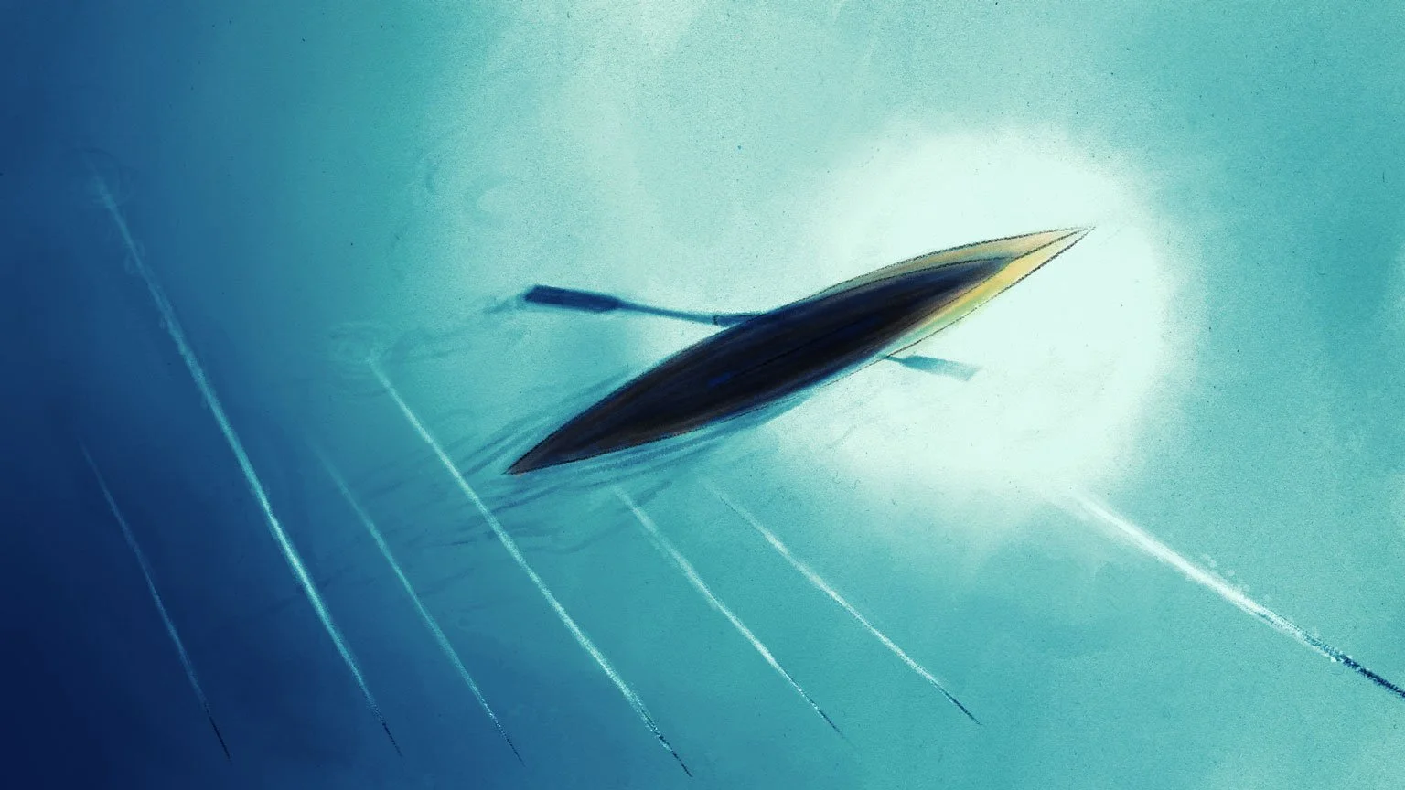 Seen from below the surface, a kayak glides overhead through blue-green water — The Mission, National Geographic.