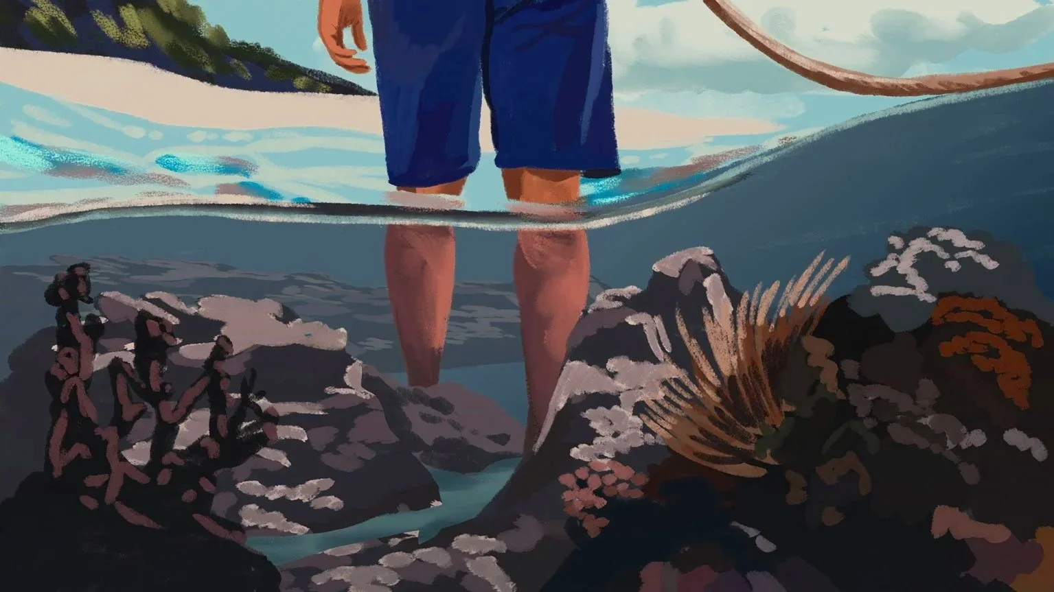 Split above and below the waterline, John Chau's legs stand on a coral reef — The Mission, National Geographic.