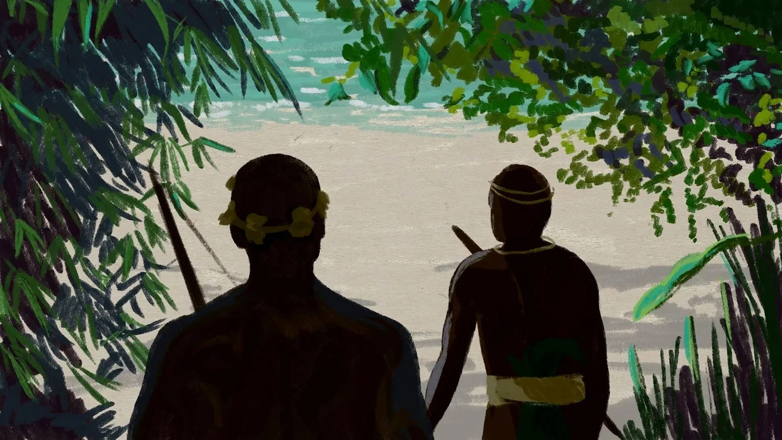 Two islanders stand on the beach beneath the palms, looking out to sea — The Mission, National Geographic.