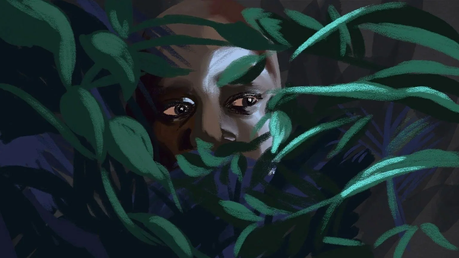 A face marked with white paint peers out through dense green leaves — The Mission, National Geographic.