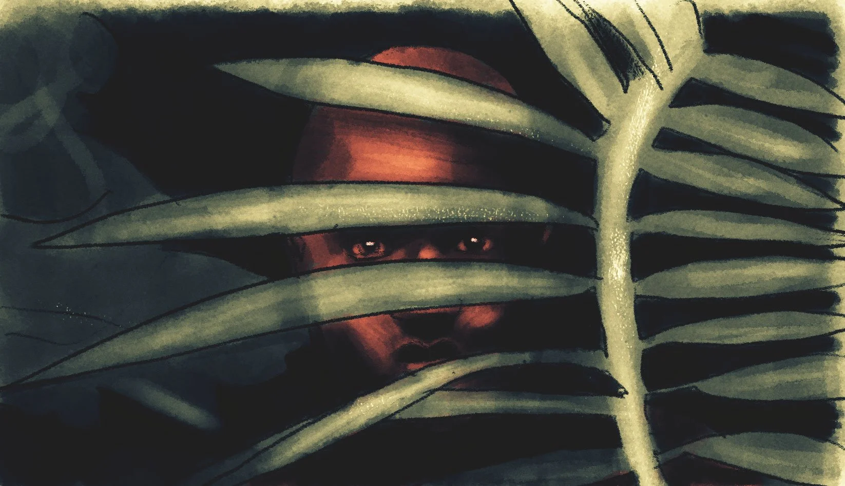 An islander's face watches from behind palm fronds — The Mission, National Geographic.