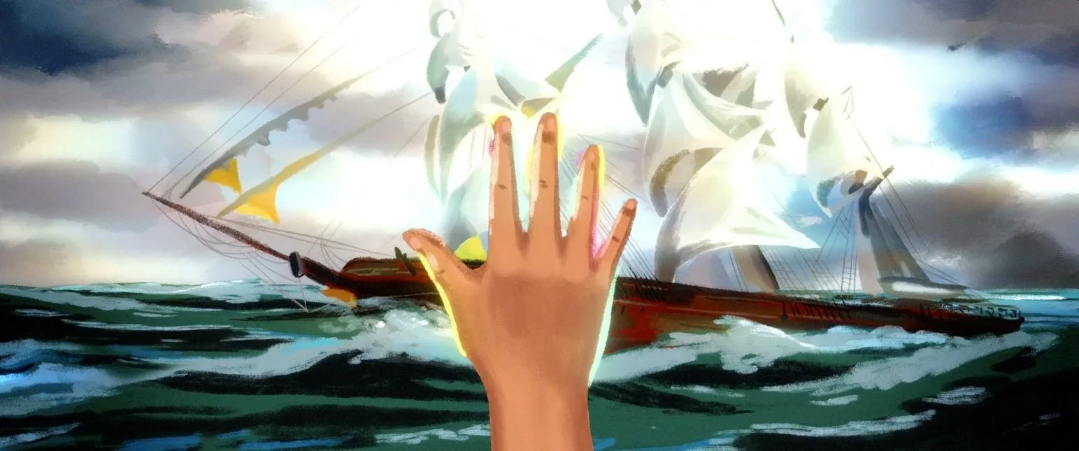 A hand reaches toward a painting of a tall ship under full sail on rough seas — The Mission, National Geographic.