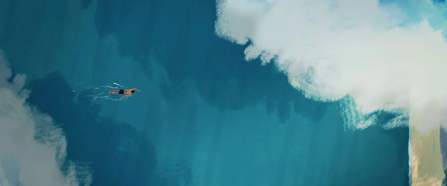 Seen from high above, John swims as a tiny figure across the open ocean toward the island — The Mission, National Geographic.