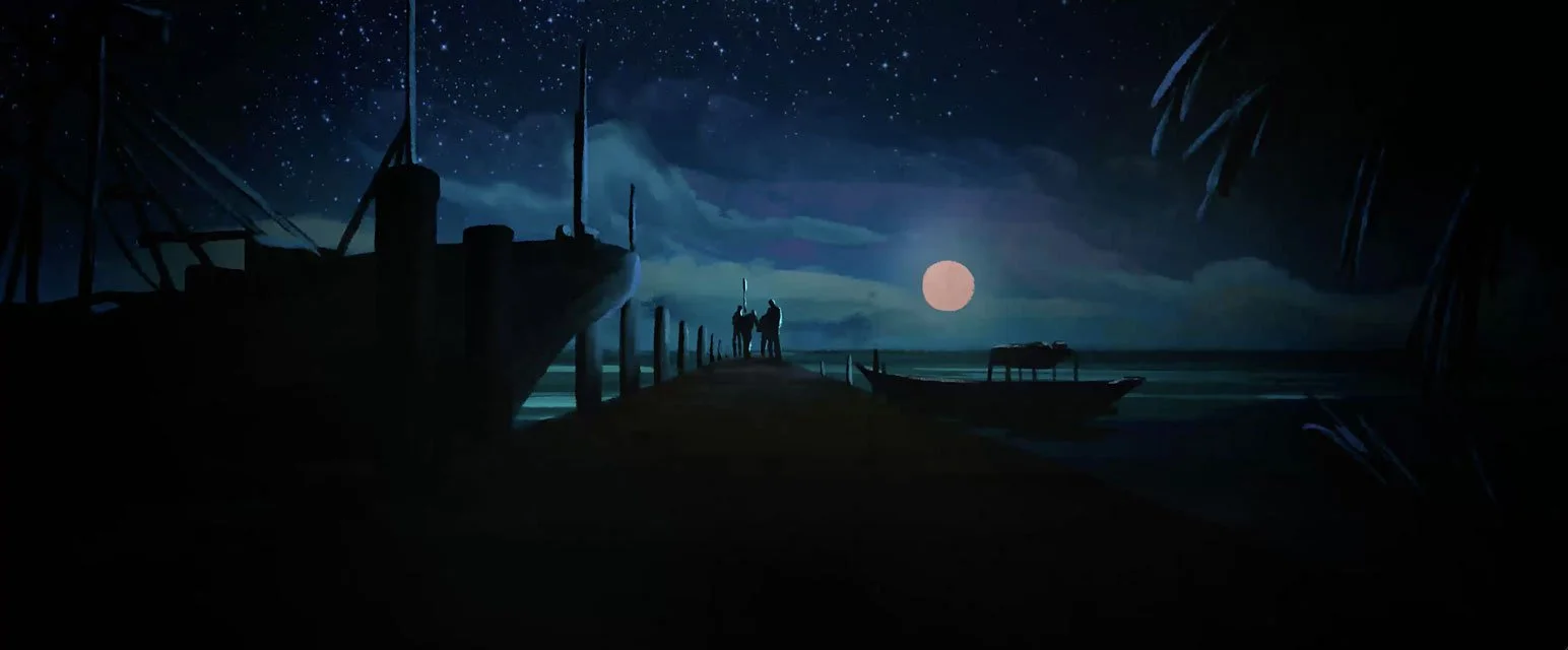 Silhouetted figures stand at the end of a pier at night as a pale pink moon hangs over the water — The Mission, National Geographic.