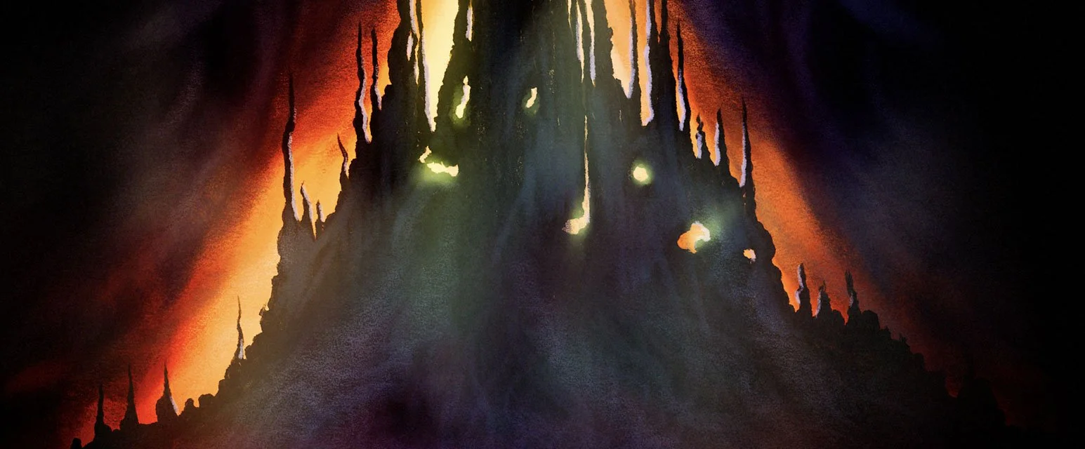 In John's vision, the island becomes a dark, castle-like form against red-orange flames, a hell for souls he believed were lost — The Mission, National Geographic.