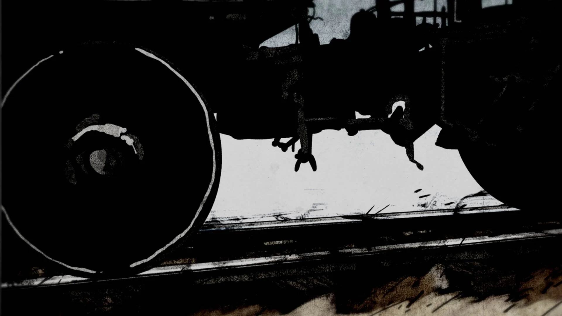A dark train rolls past in heavy black silhouette — The Renter.
