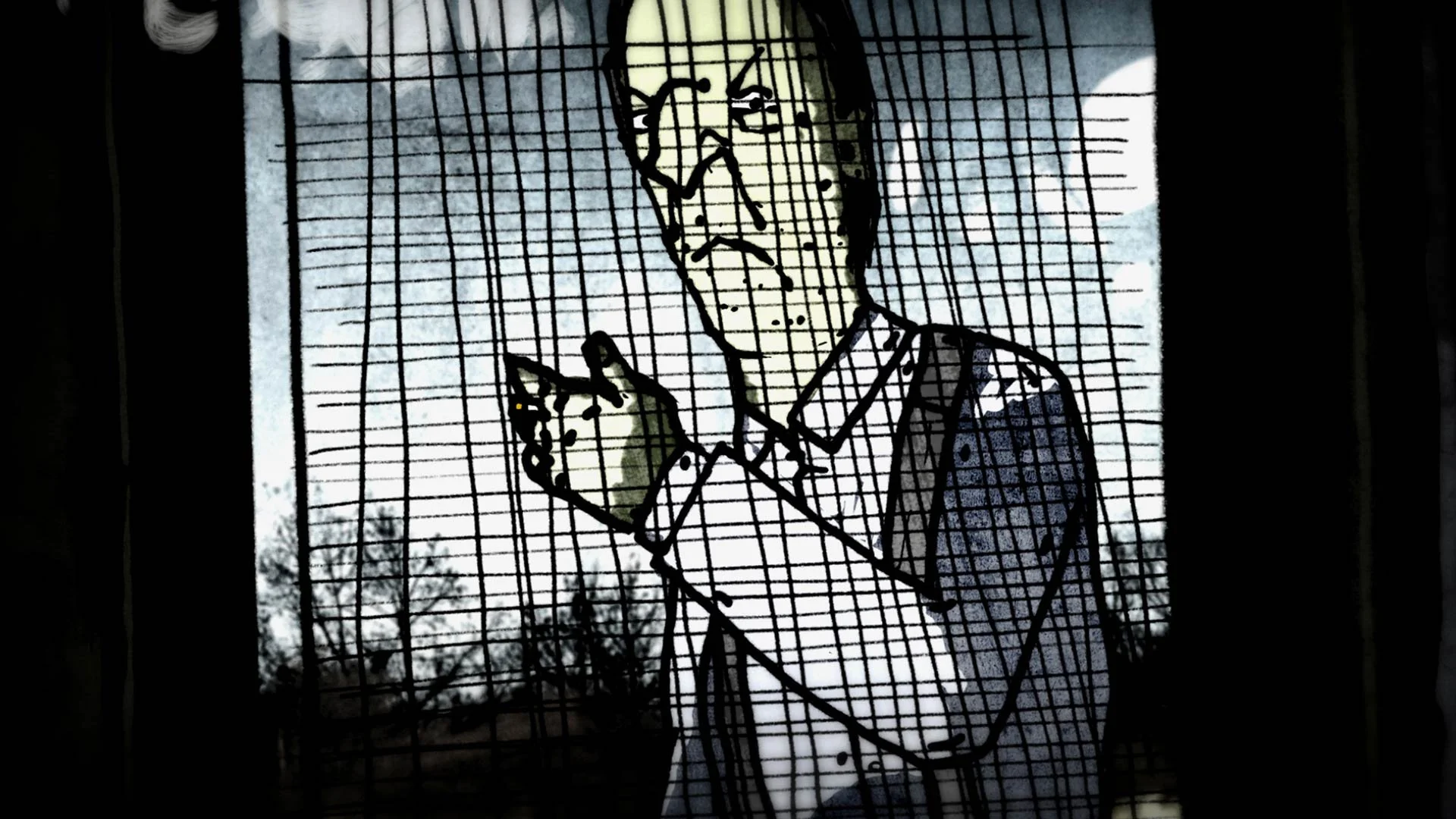 The renter scowls from behind a window screen — The Renter.