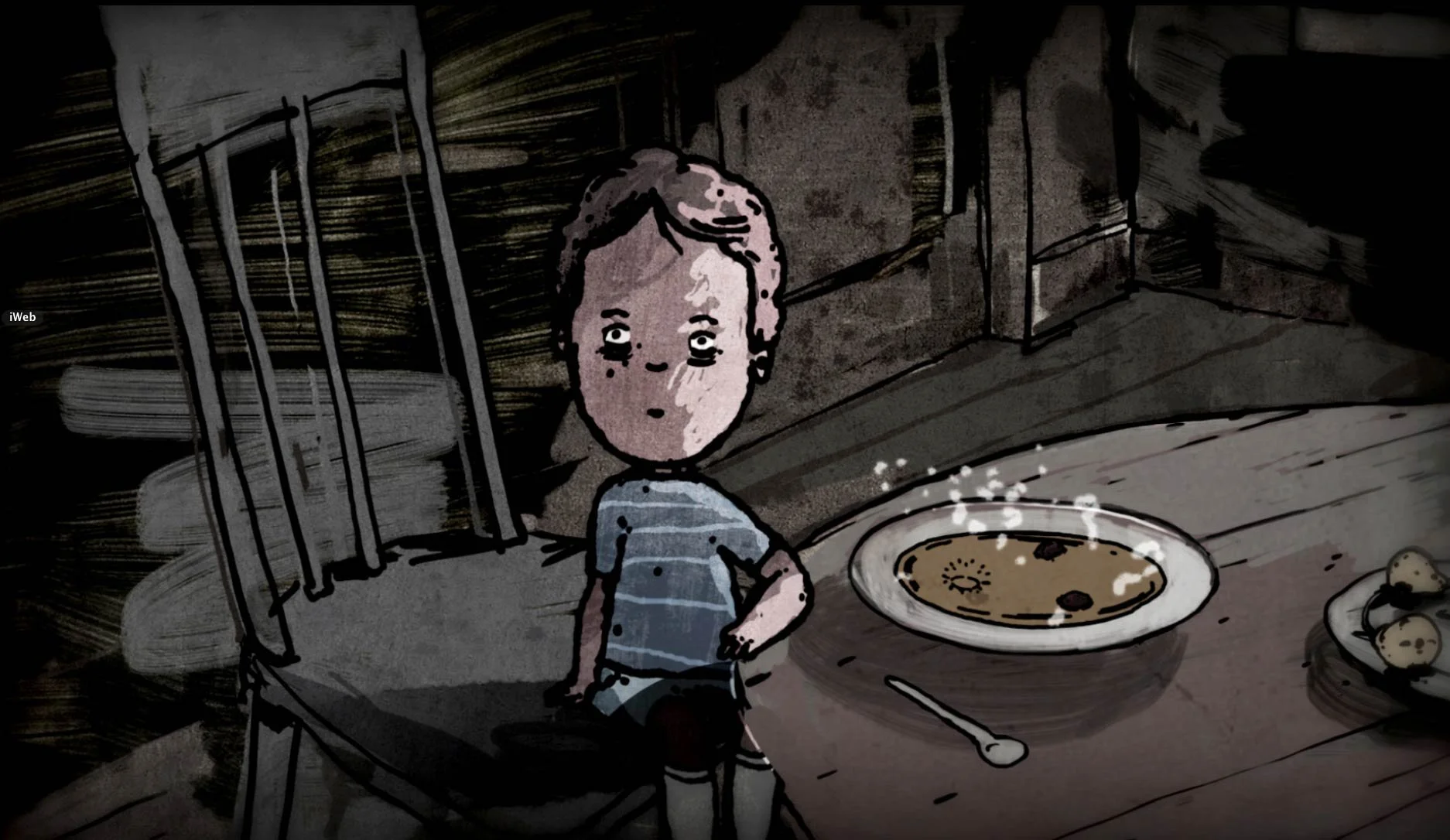 The boy stands beside the kitchen table and a bowl of soup — The Renter.
