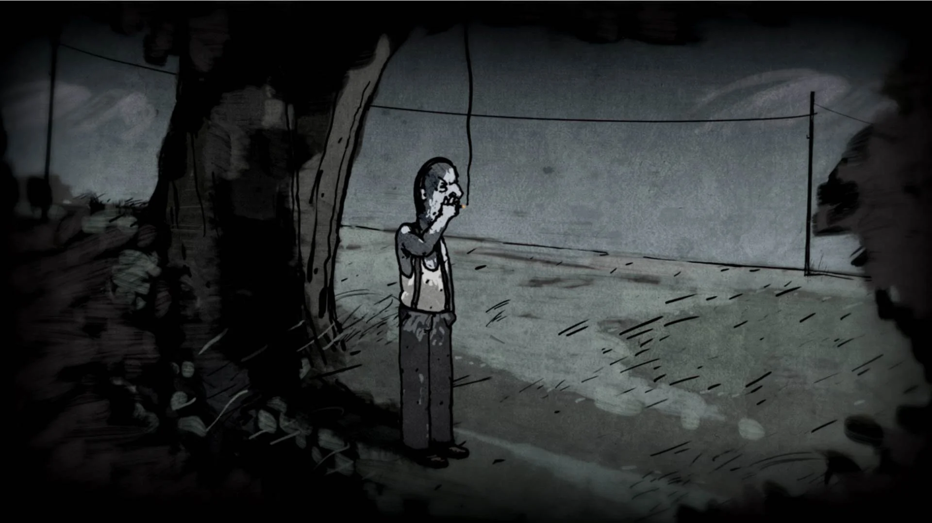 The renter stands alone at night beneath a tree, a hand raised to his face — The Renter.
