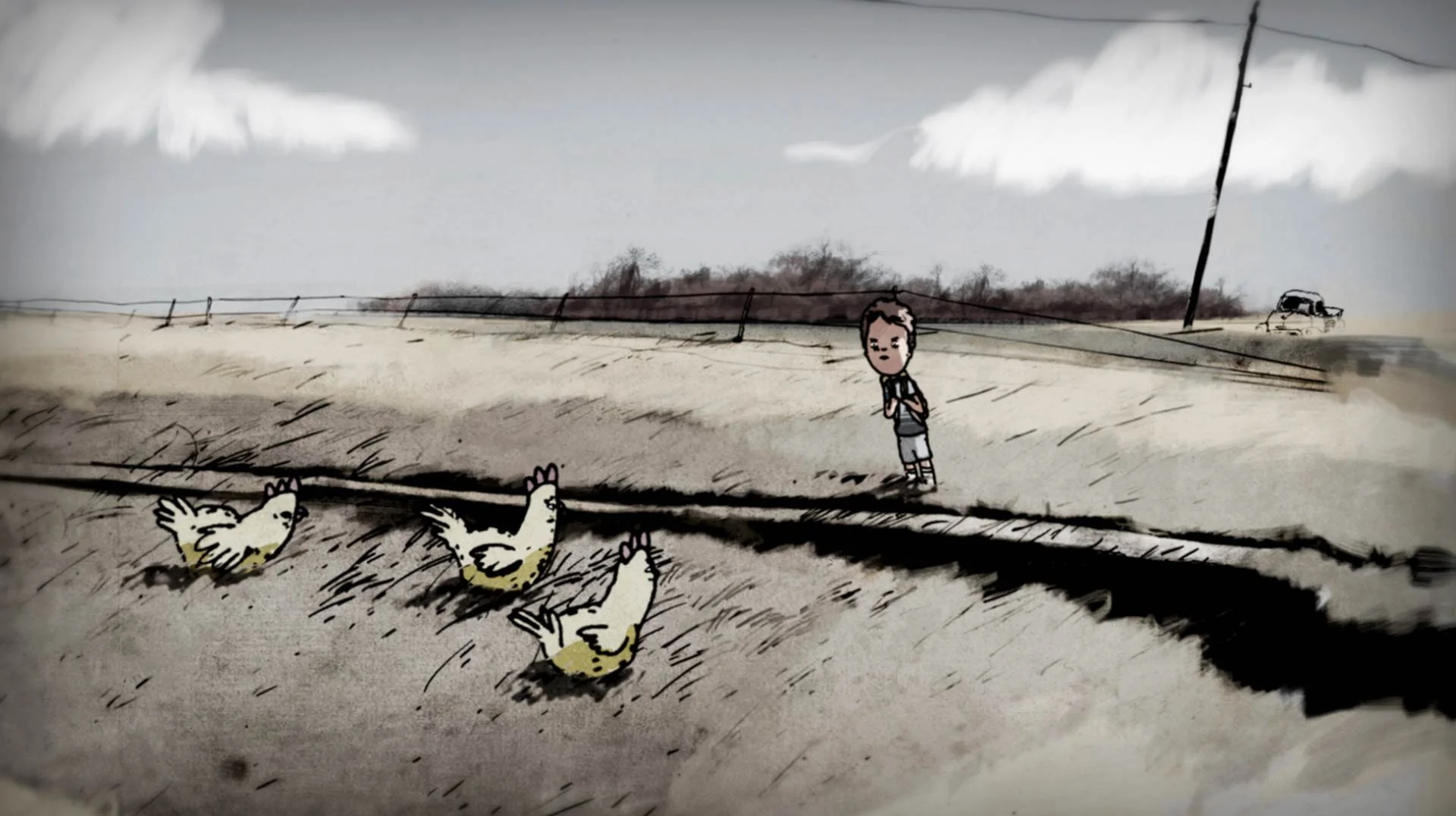 A young boy has a standoff with three chickens in a dry field — The Renter.