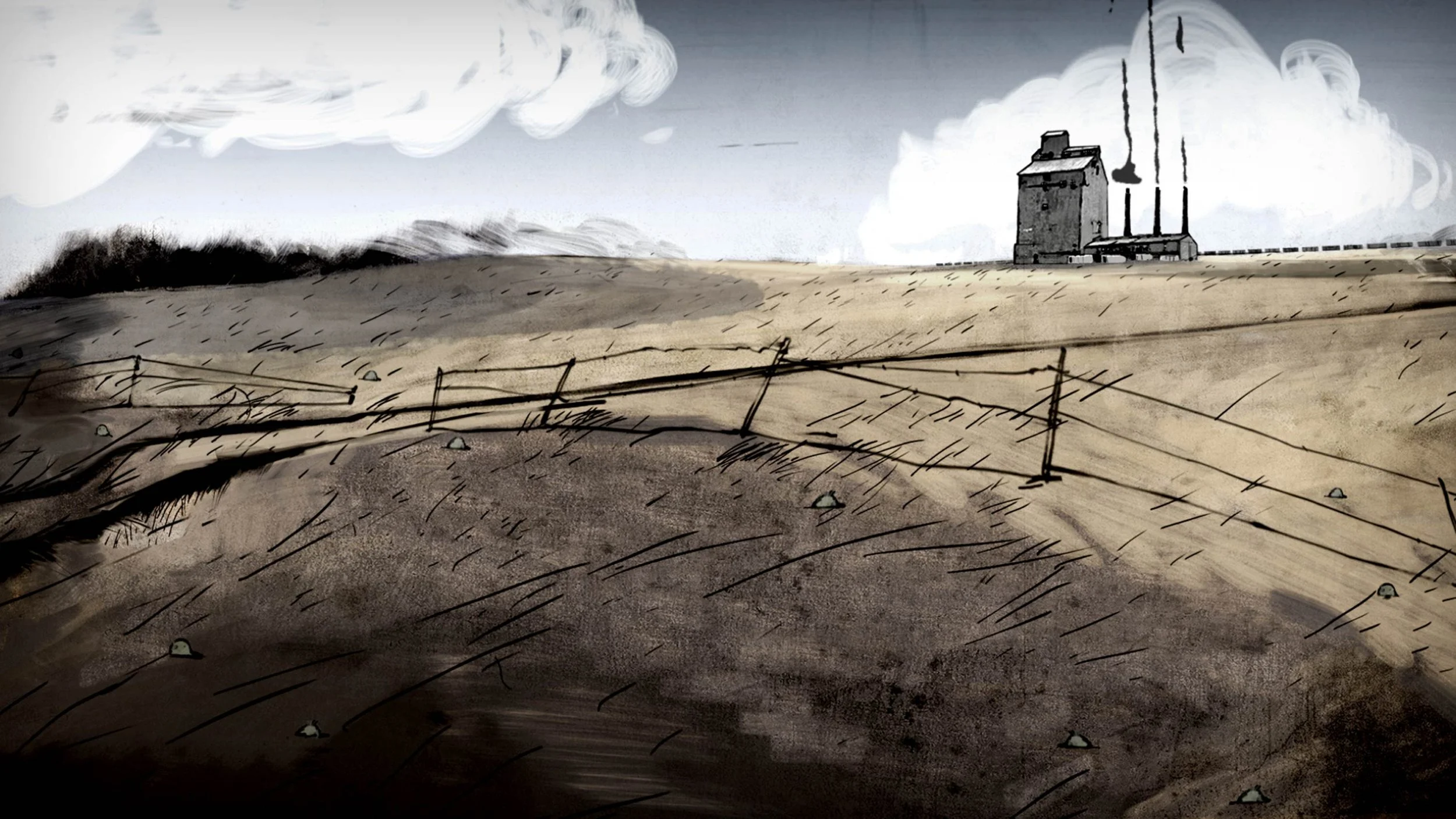 A wide, empty field stretches toward a distant farmhouse behind a broken fence — The Renter.