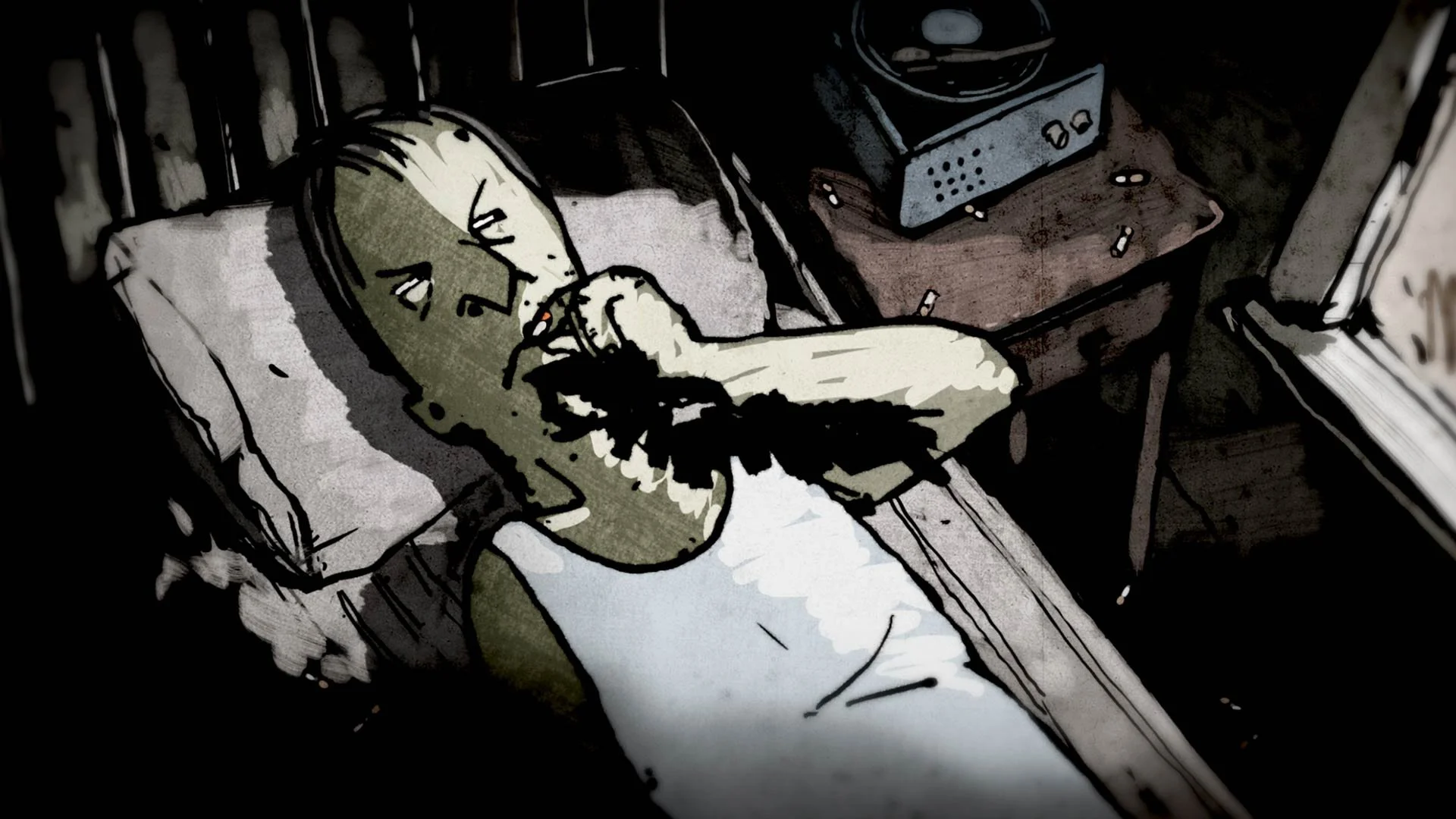 The renter sprawls asleep in bed, mouth open, beside a radio — The Renter.