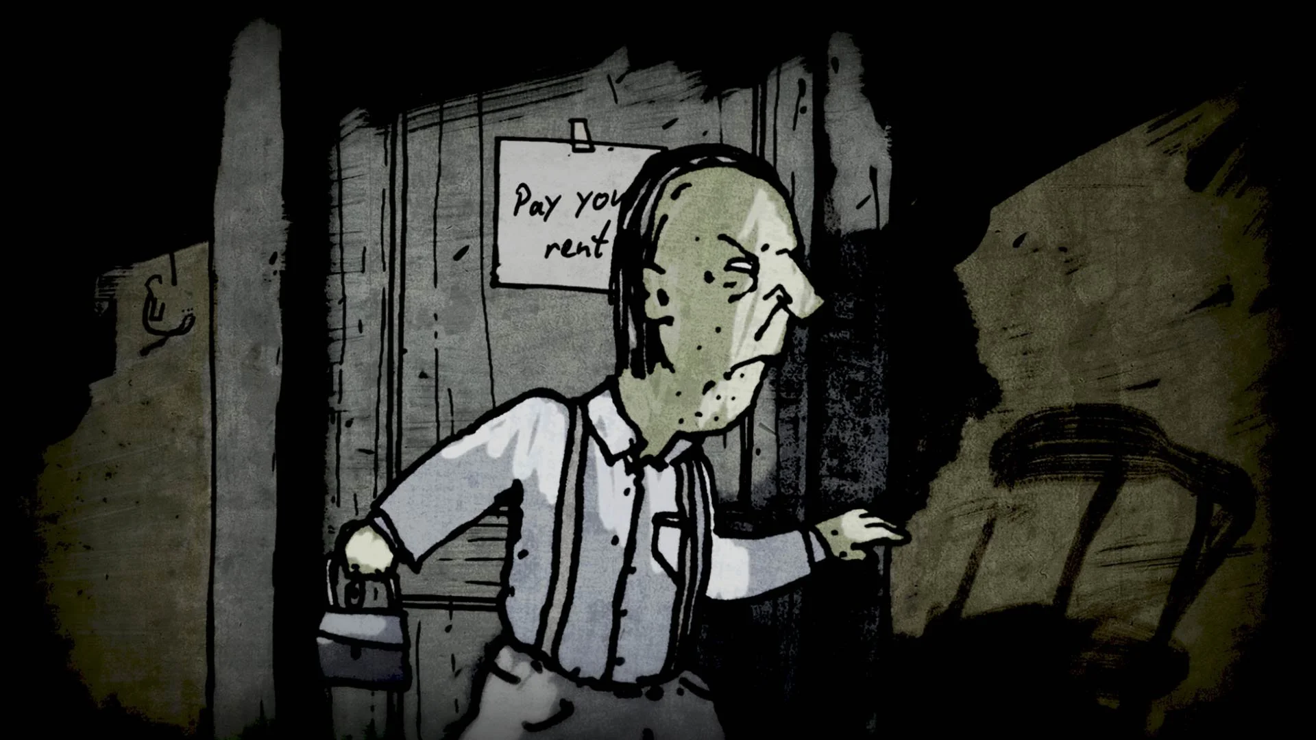 The renter comes through the door with his lunch pail, beneath a note that reads "Pay your rent" — The Renter.