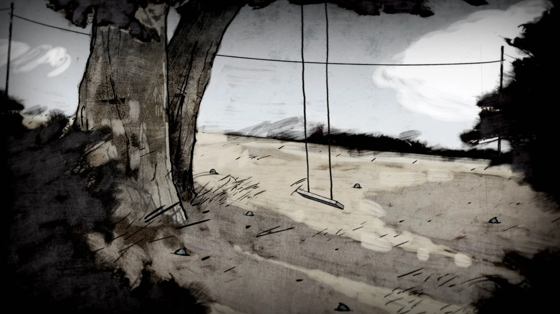 An empty swing hangs from a tree at the edge of the field — The Renter.