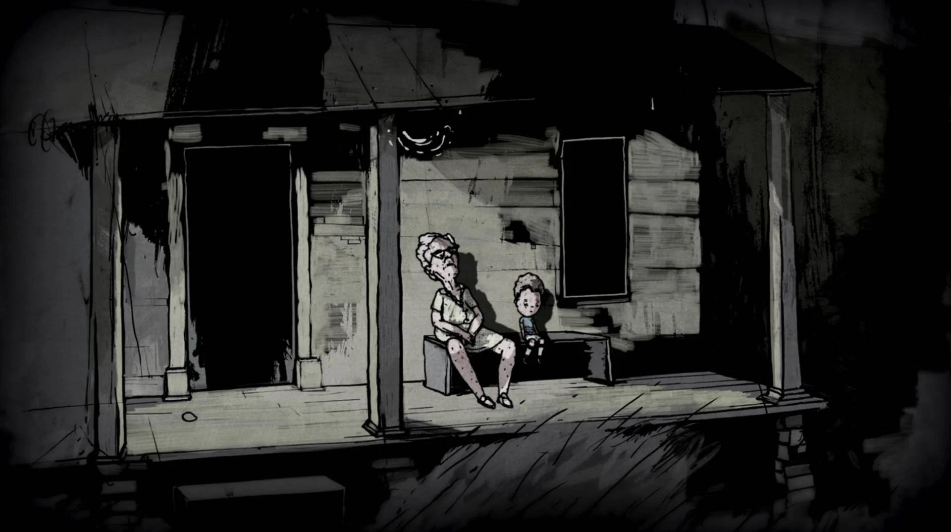 The old woman and the boy sit together on the porch bench at night — The Renter.