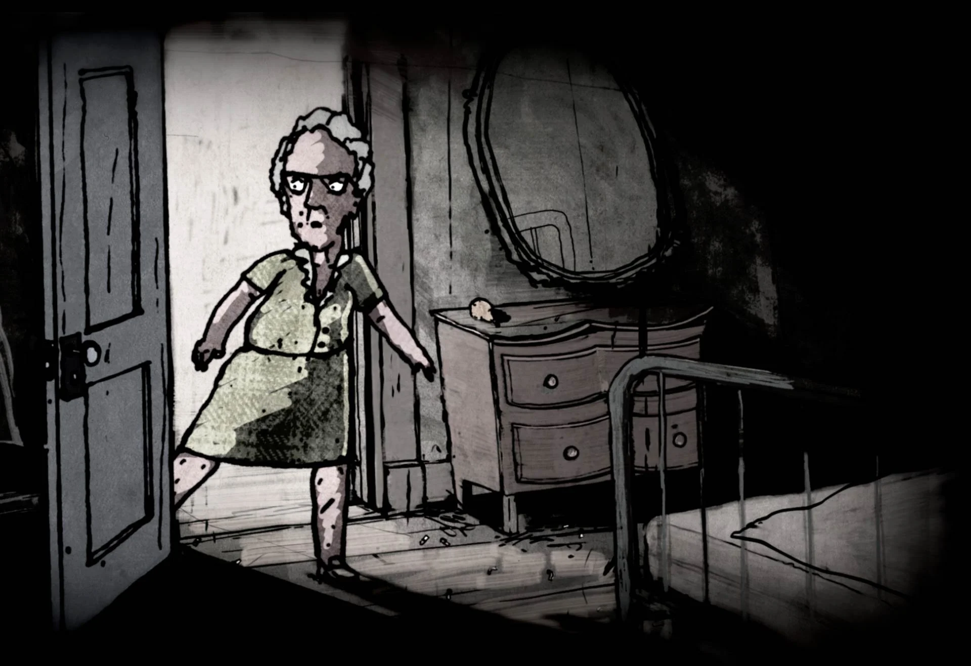 The old woman steps into a darkened bedroom — The Renter.