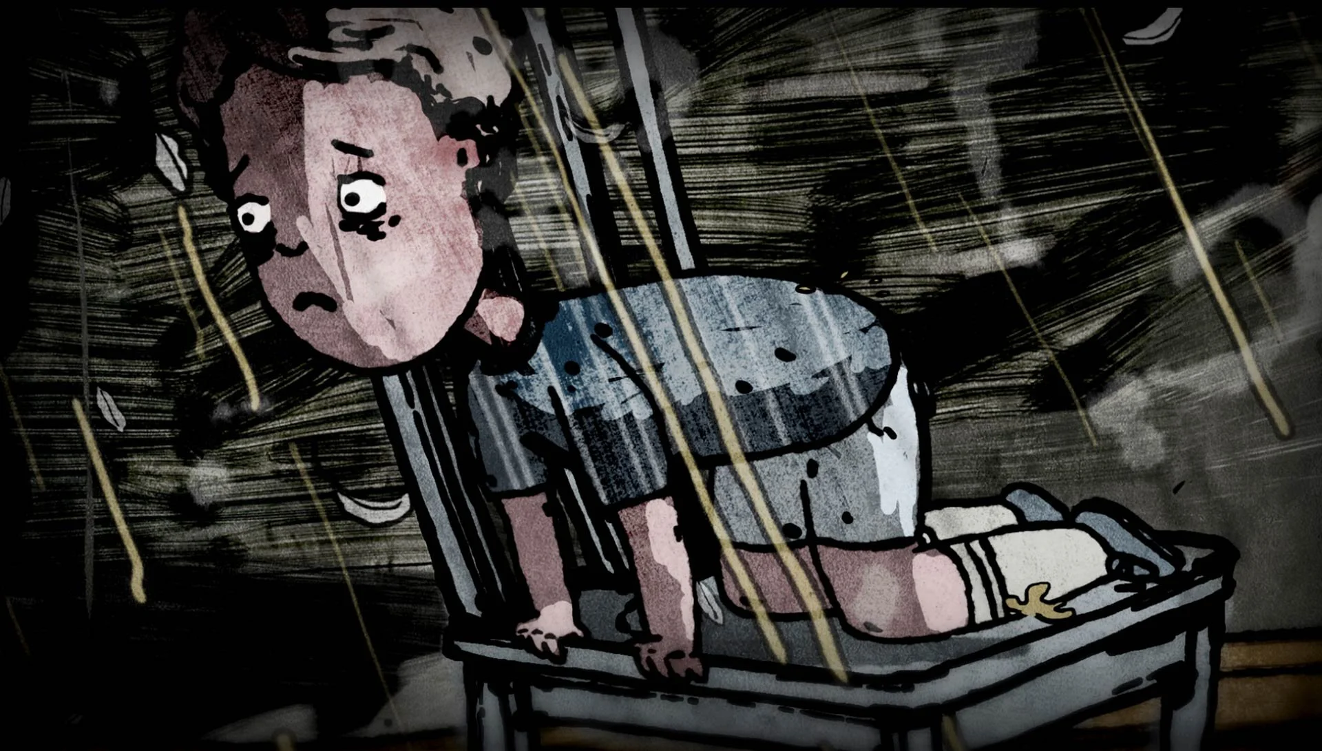 The boy crouches on a chair, terrified, as soup lashes the dark room — The Renter.