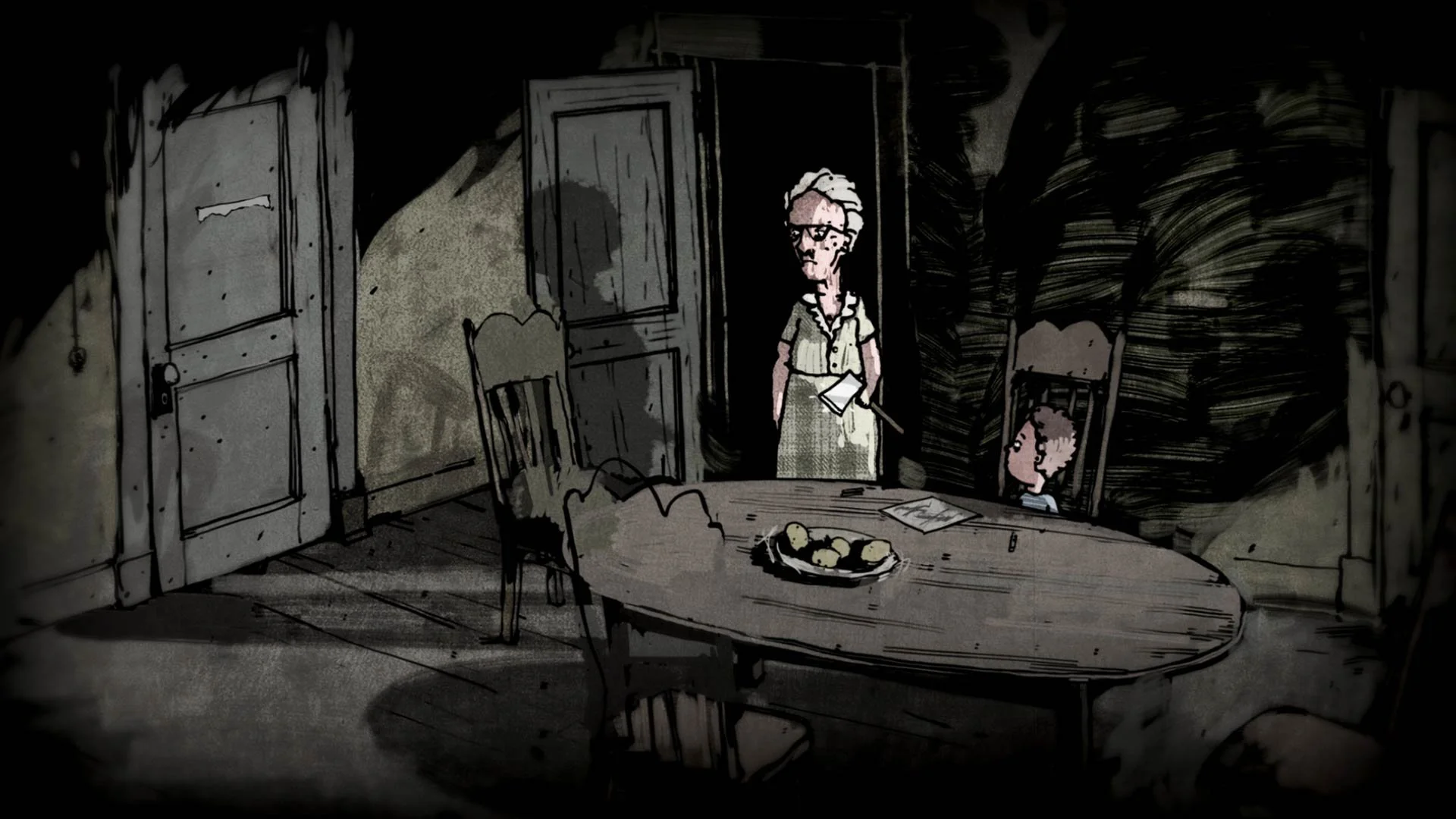 In a dim room, an old woman stands near the doorway holding an axe and looks toward the renter's door, as the frightened boy peers from his seat at the table — The Renter.