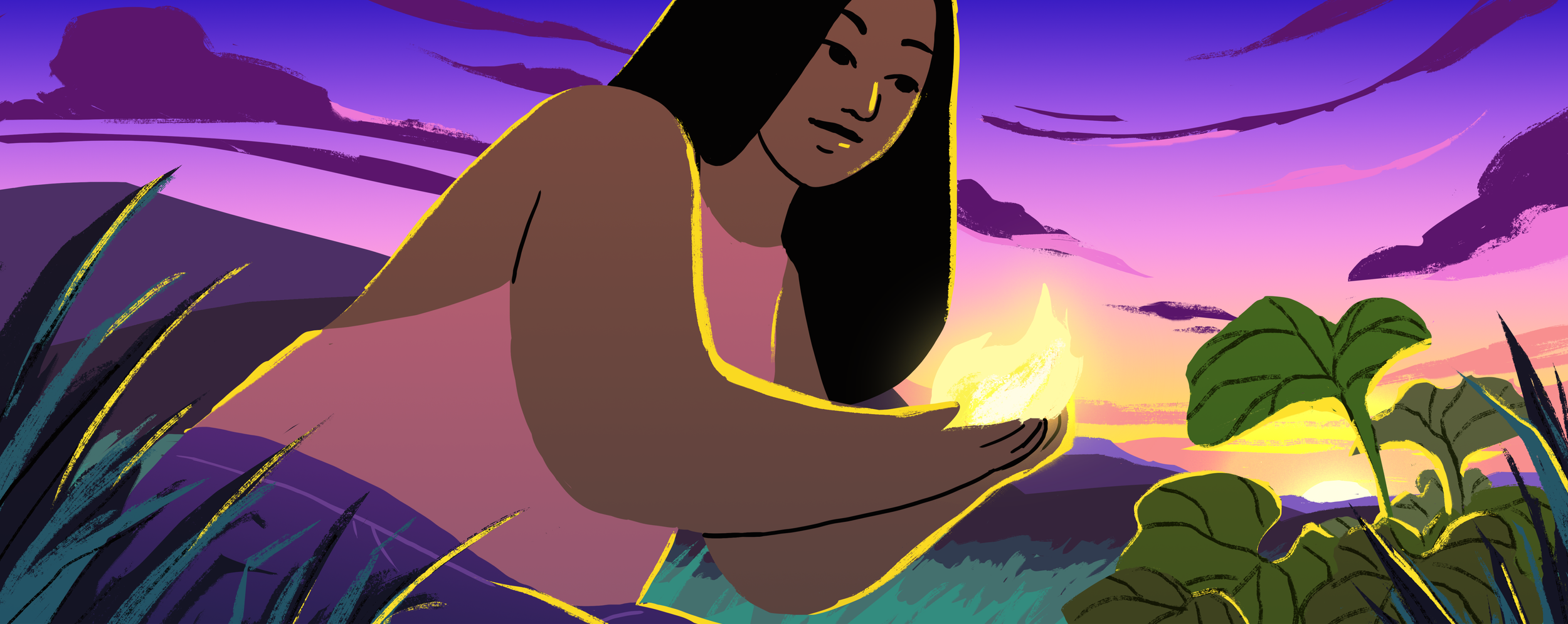At dusk, a woman cradles a small flame in her hands, using fire to help heal the soil — The Possibilities of Regeneration, Kiss the Ground.