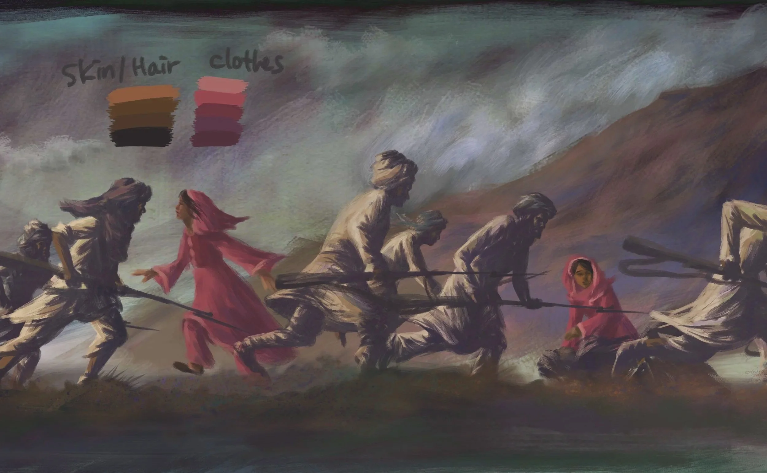 Malalai of Maiwand, in red, runs toward the fight as soldiers retreat around her — He Named Me Malala.