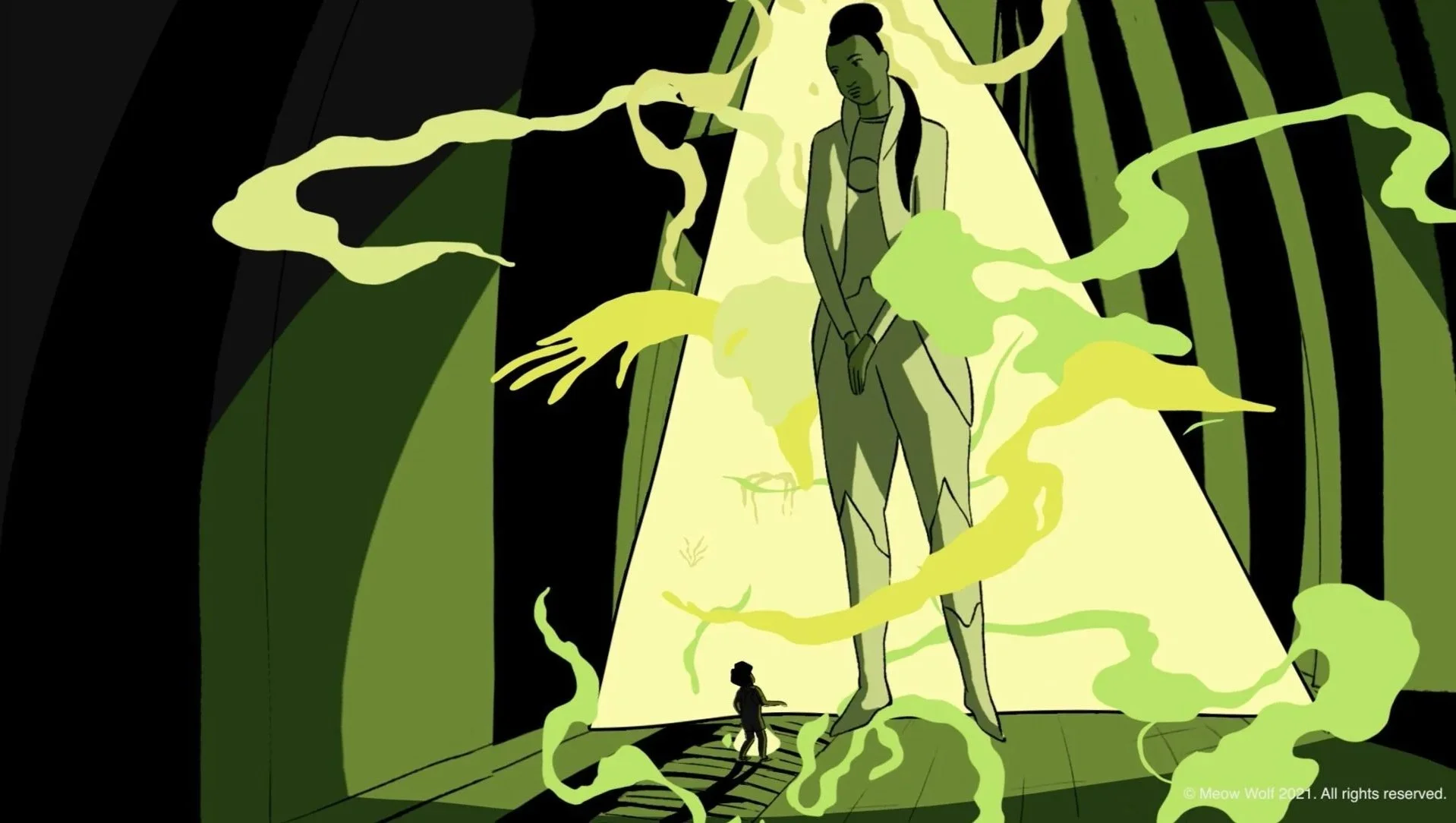 In a subway tunnel, young Pam watches a rift open in time and space as Darya appears, huge against the tunnel walls — The Forgotten Four, Meow Wolf.