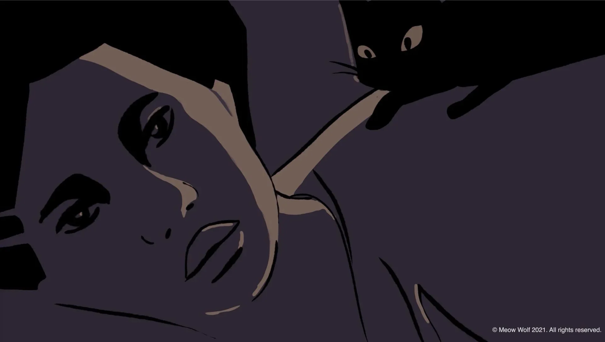 Pam lies awake with her face on the pillow as Quesa peers down at her — The Forgotten Four, Meow Wolf.