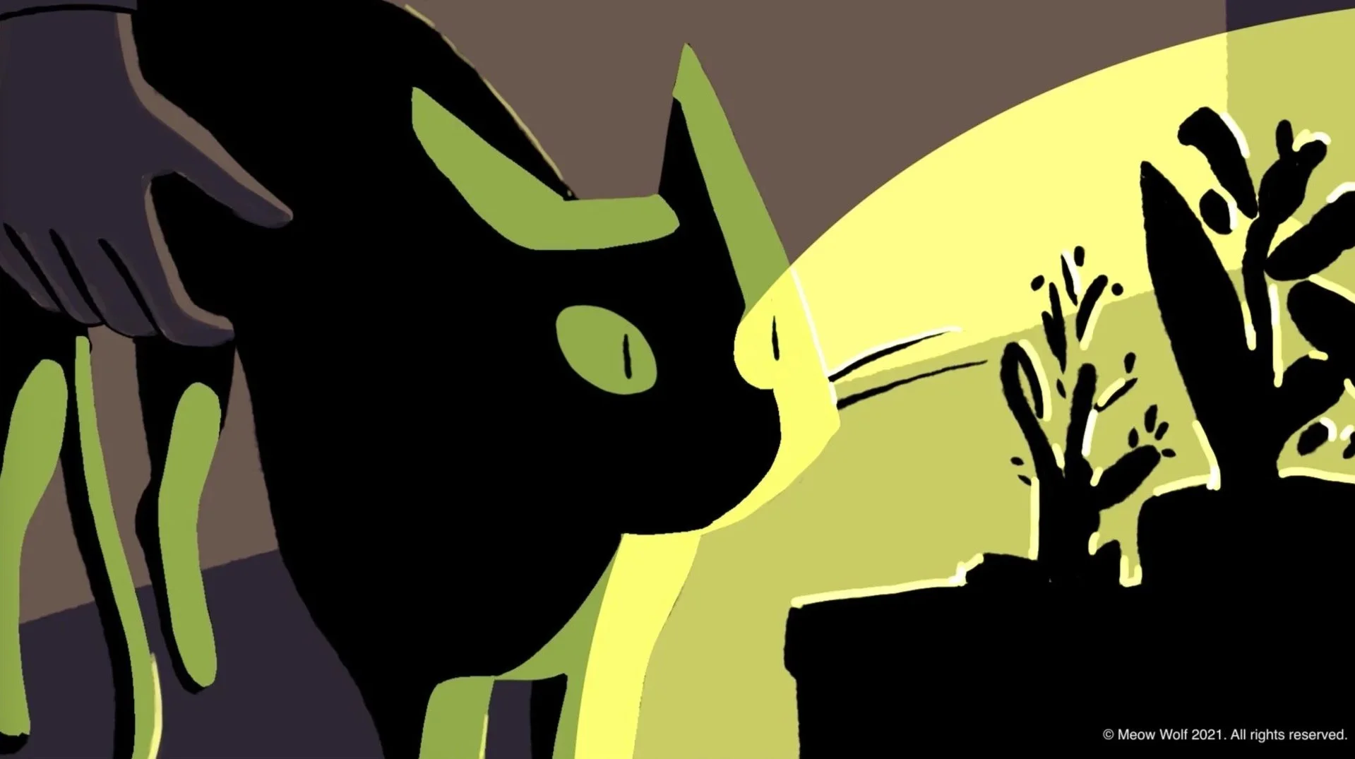 Quesa, Pam's cat, glows in green light as hands pick her up beside a windowsill of plants — The Forgotten Four, Meow Wolf.